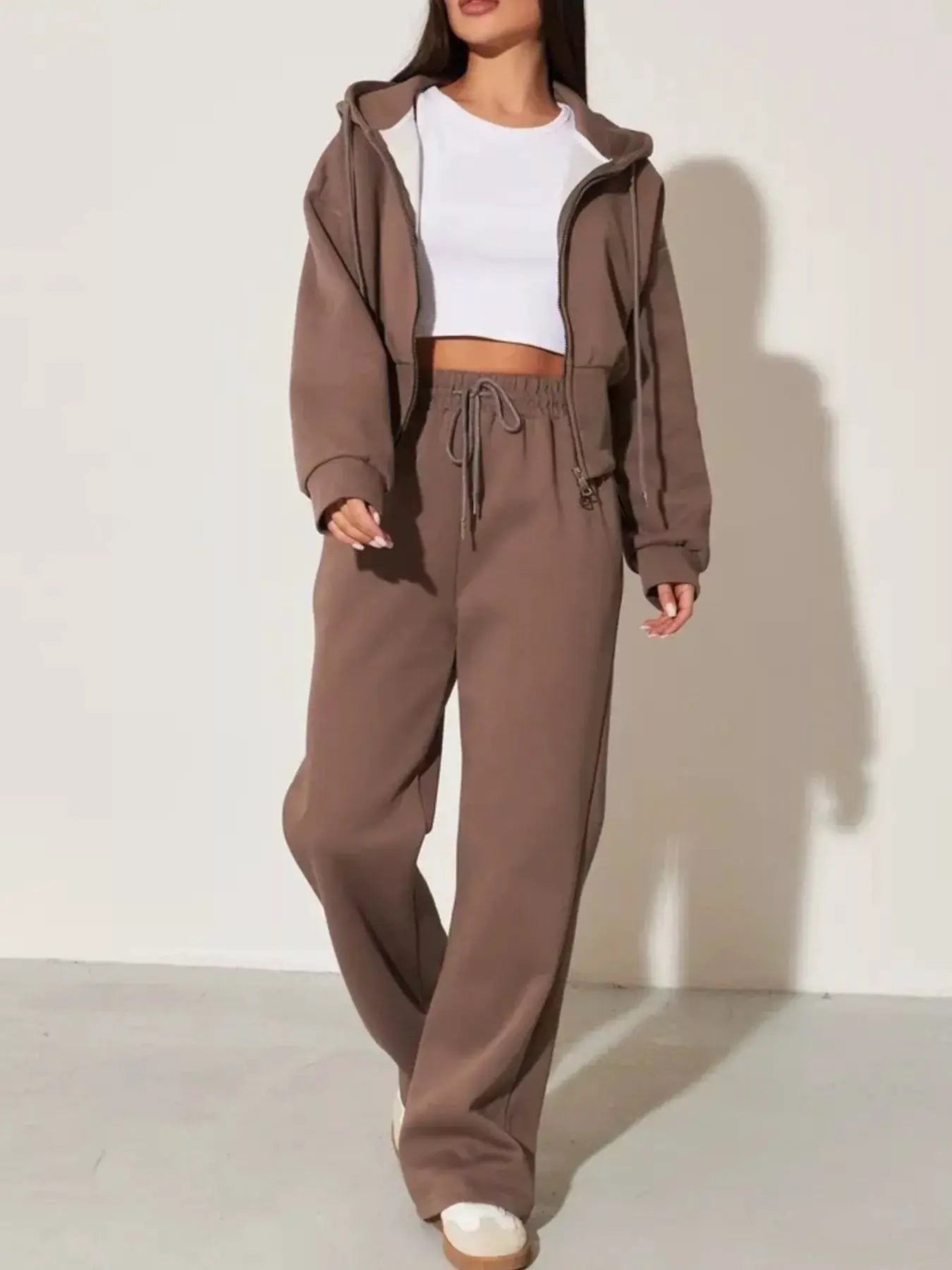 Zip-Up Hoodie & Wide-Leg Pants Set, taupe two-piece women's loungewear