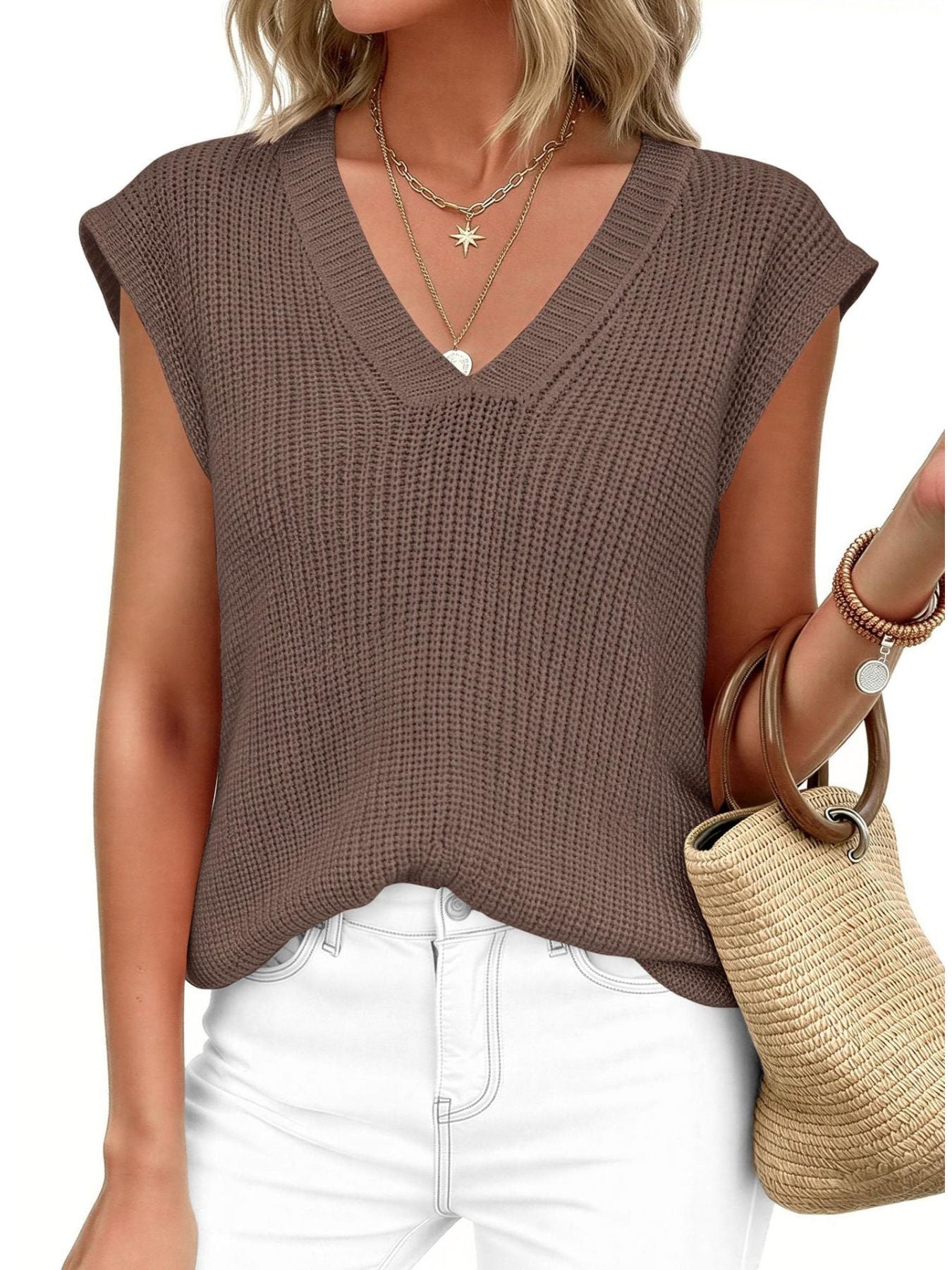 Trendsi V-Neck Sweater Vest in brown knit, sleeveless; layering-ready top