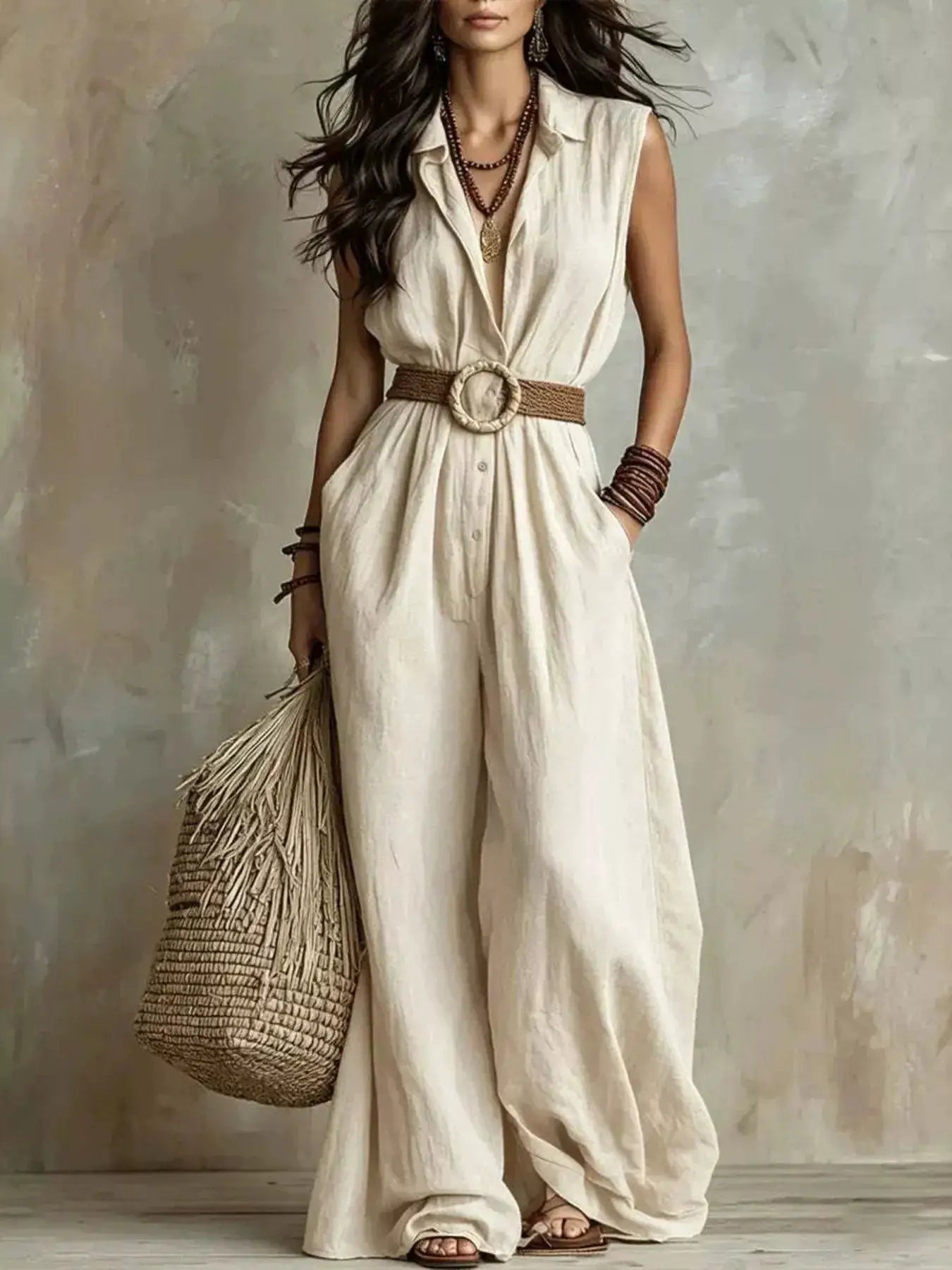 Plus-size sleeveless beige wide-leg jumpsuit with pockets, belted by a round rope belt.