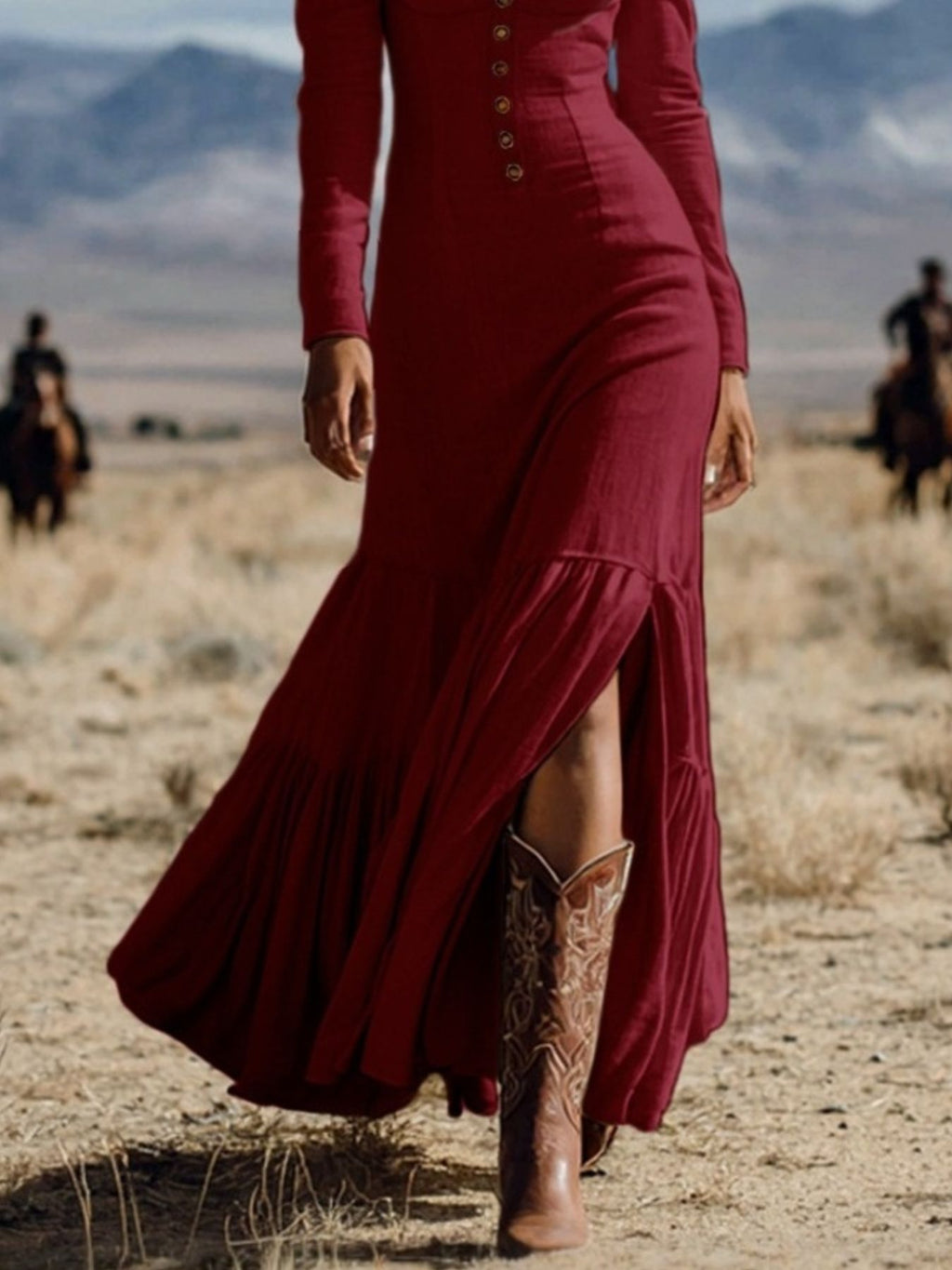 Slit long sleeve tiered maxi dress in burgundy by Trendsi, button-front; shown with cowboy boots in a desert setting
