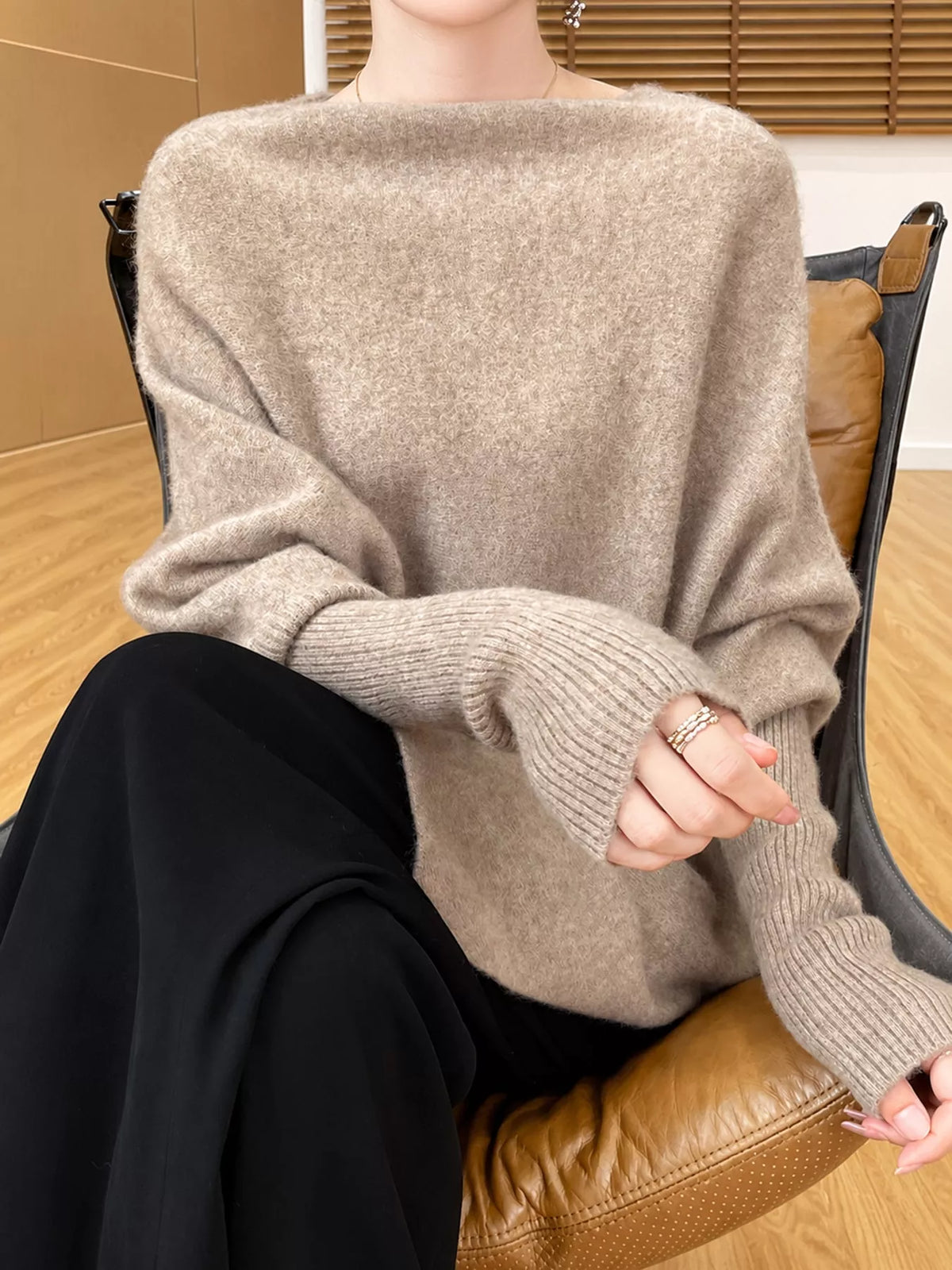 Oversized Asymmetric Wool Batwing Sweater in Dark Camel by Belle Bijouix – view 2 of 24