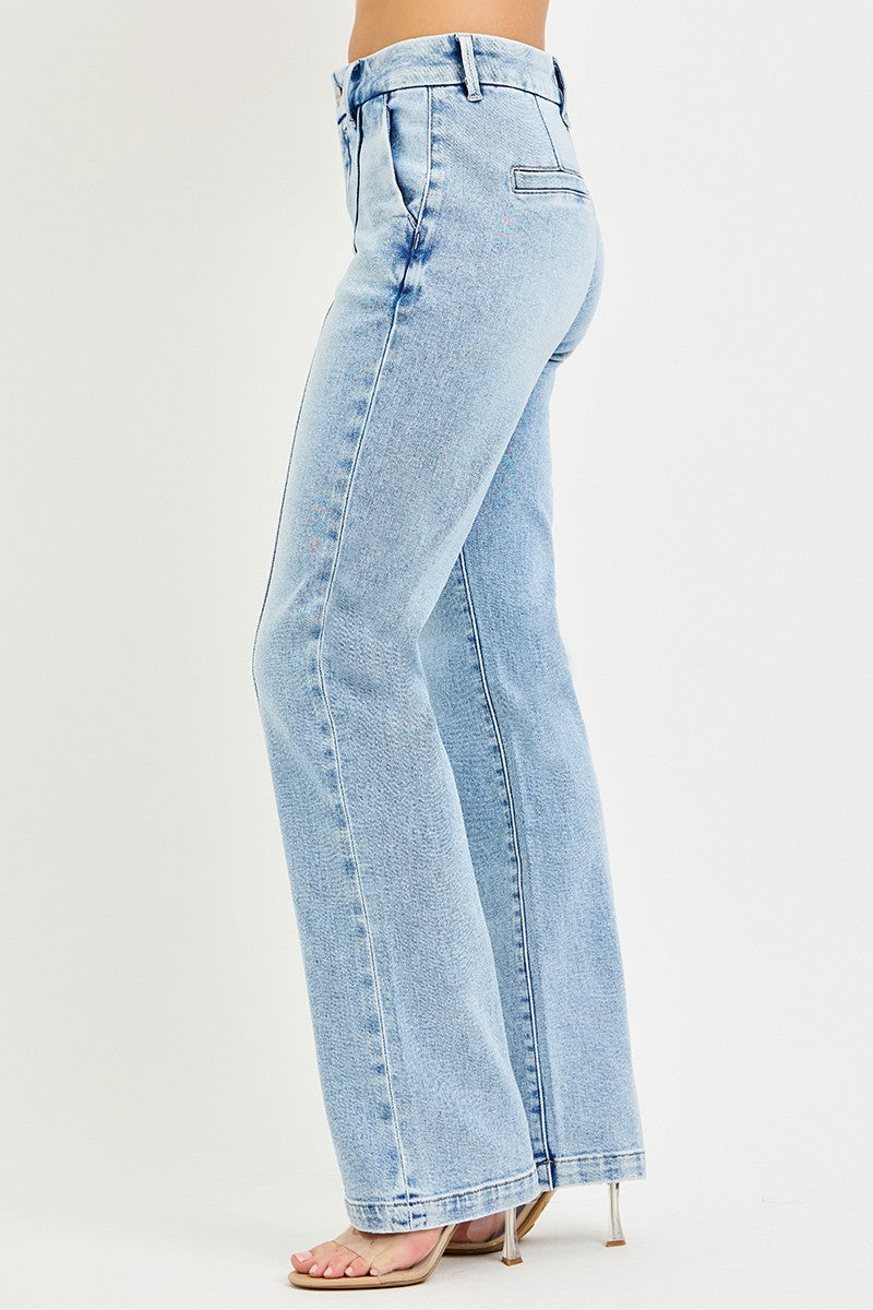RISEN Tummy Control High Rise Straight Pin Tuck Jeans by Trendsi in light blue denim