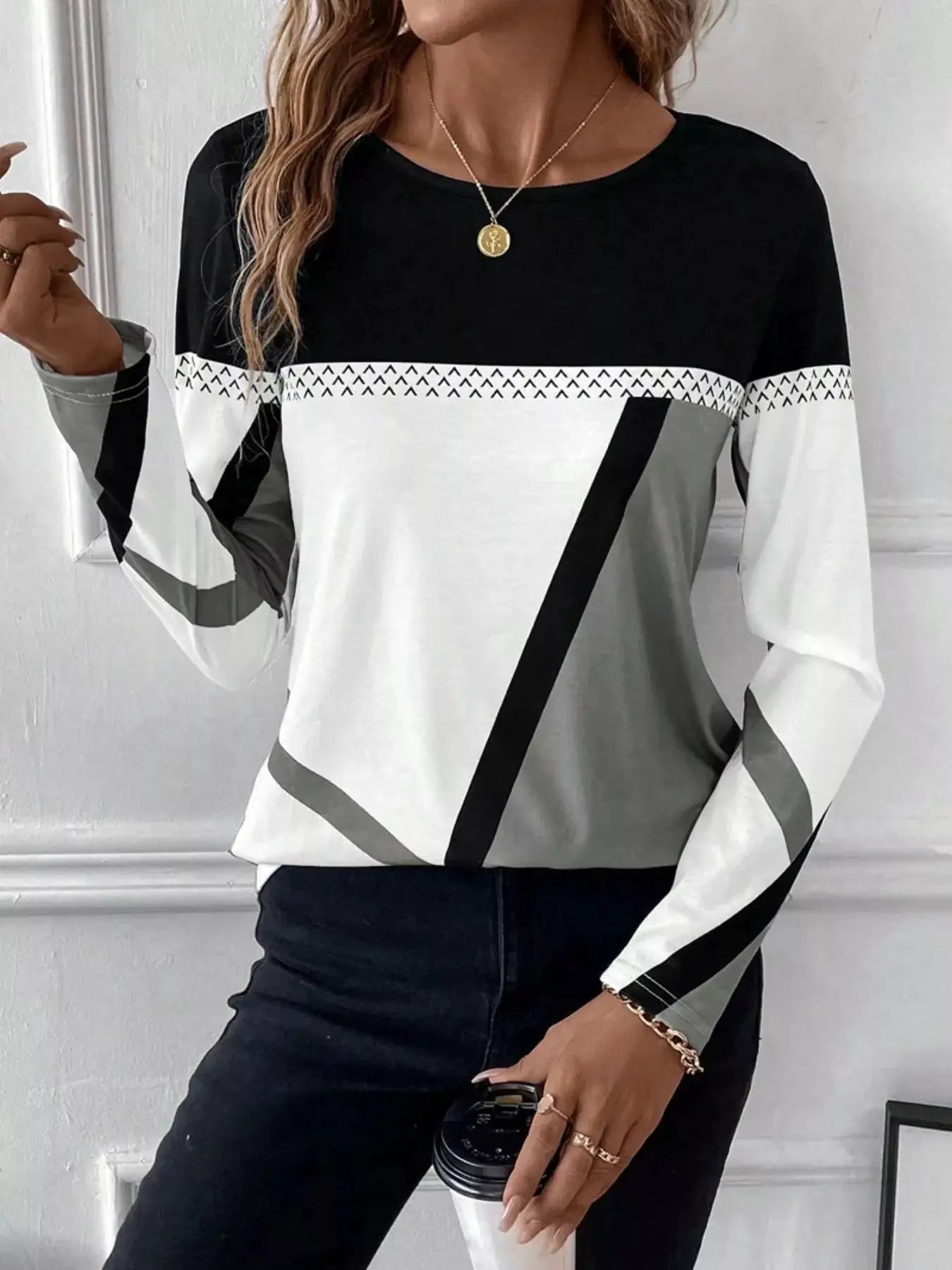 Color Block Long Sleeve T-Shirt by Belle Bijouix; black, white and gray blocks with a diagonal stripe panel