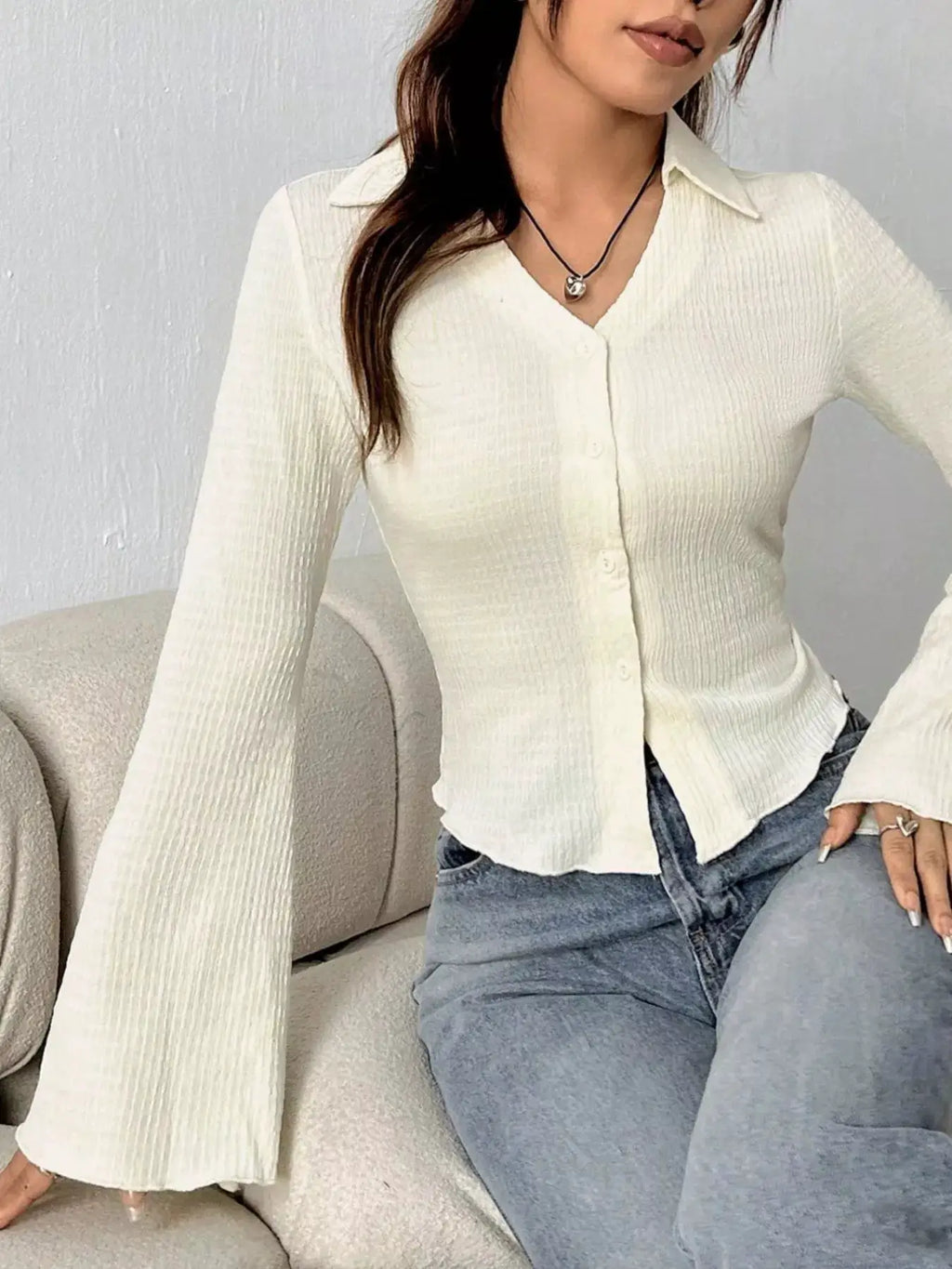 Button Up Flare Sleeve Shirt, ivory knit with ribbed texture and ruched details, Trendsi tops.