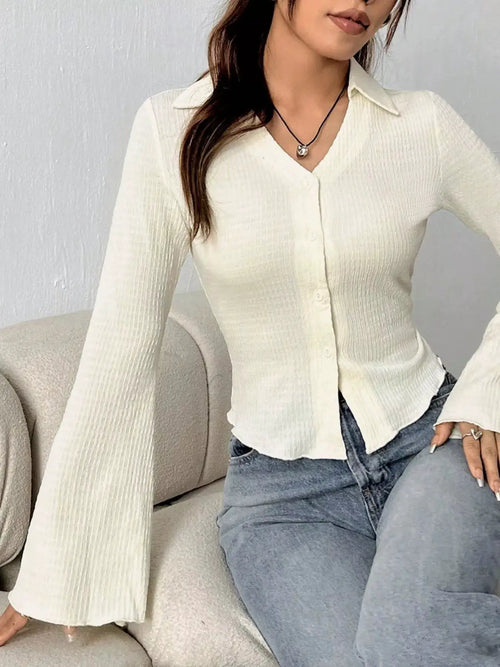 Button Up Flare Sleeve Shirt, ivory knit with ribbed texture and ruched details, Trendsi tops.