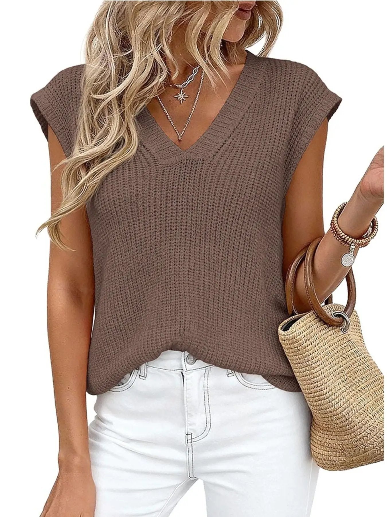 V-Neck Sweater Vest, brown knit sleeveless top with relaxed fit.