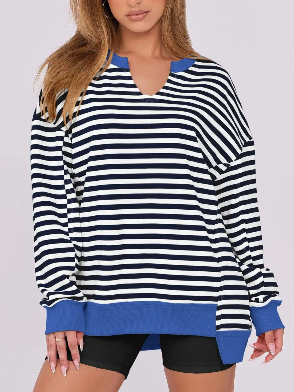 Notched long sleeve oversized sweatshirt in navy and white stripes with blue rib trim, Belle Bijouix TOPS