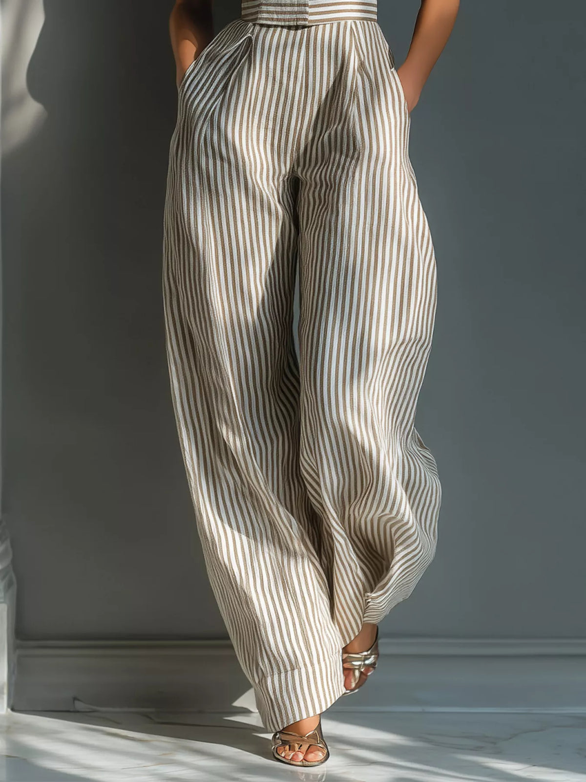 Khaki striped wide-leg jumpsuit with tie-shoulder detail - back view