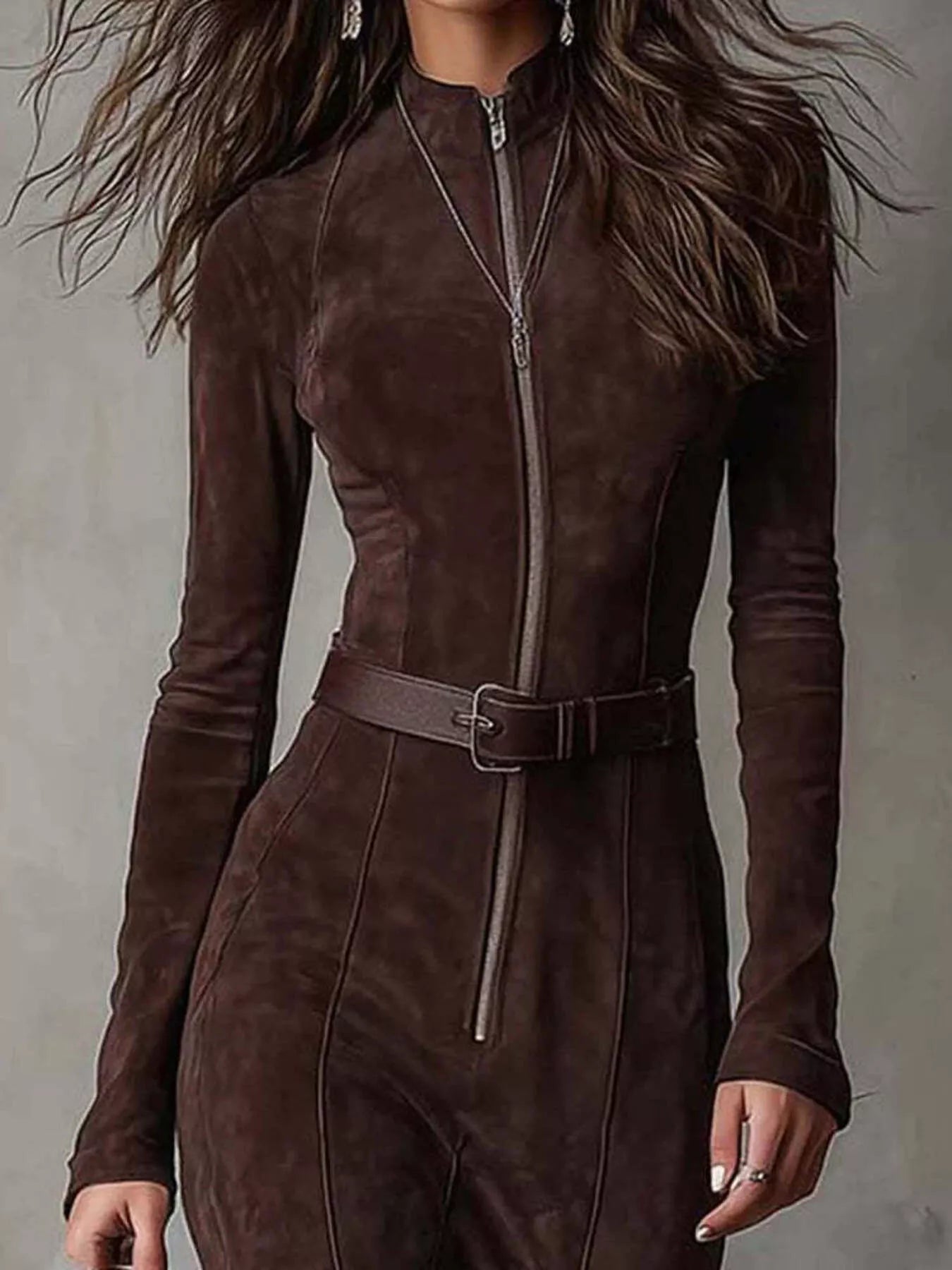 Plus-size brown suede-like long-sleeve dress with front zipper, belted waist and slit