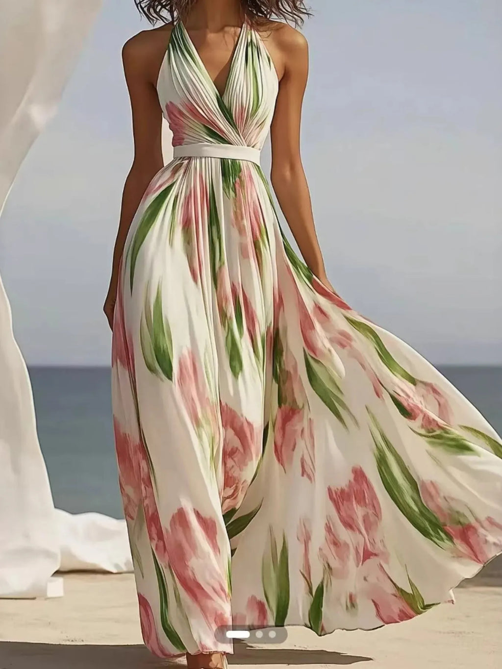 Trendsi floral print halter-neck maxi dress with wrapped bodice and belted waist, pink and green blooms on white