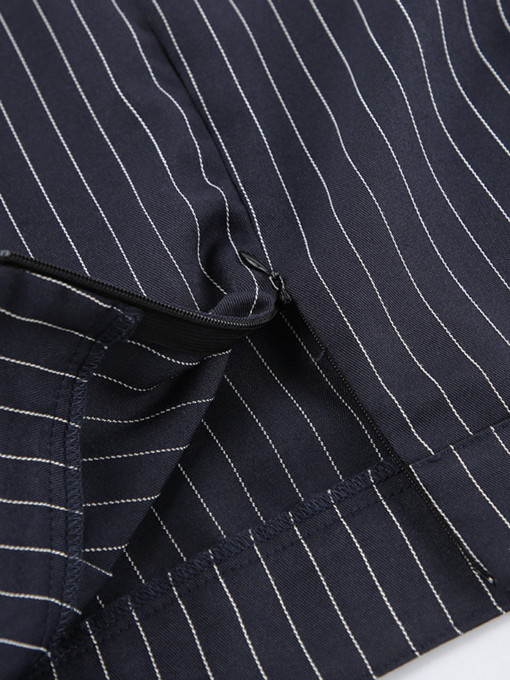Belle Bijouix navy pinstripe blazer and mini skirt set with zipper detail