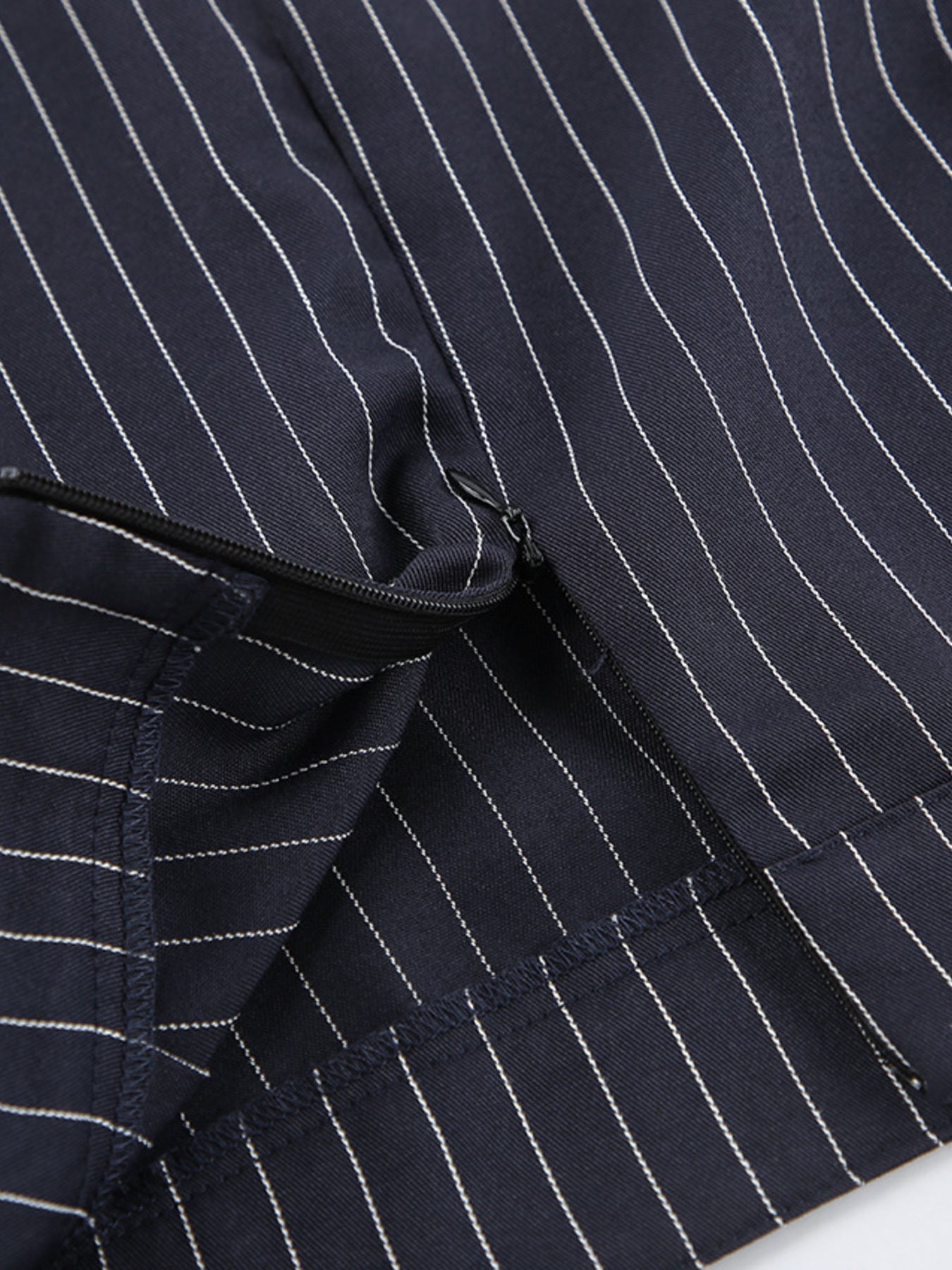 Belle Bijouix navy pinstripe blazer and mini skirt set with zipper detail