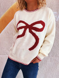 Bow Pattern Round Neck Sweater in white knit with a large red bow graphic; red rib trim at cuffs and hem