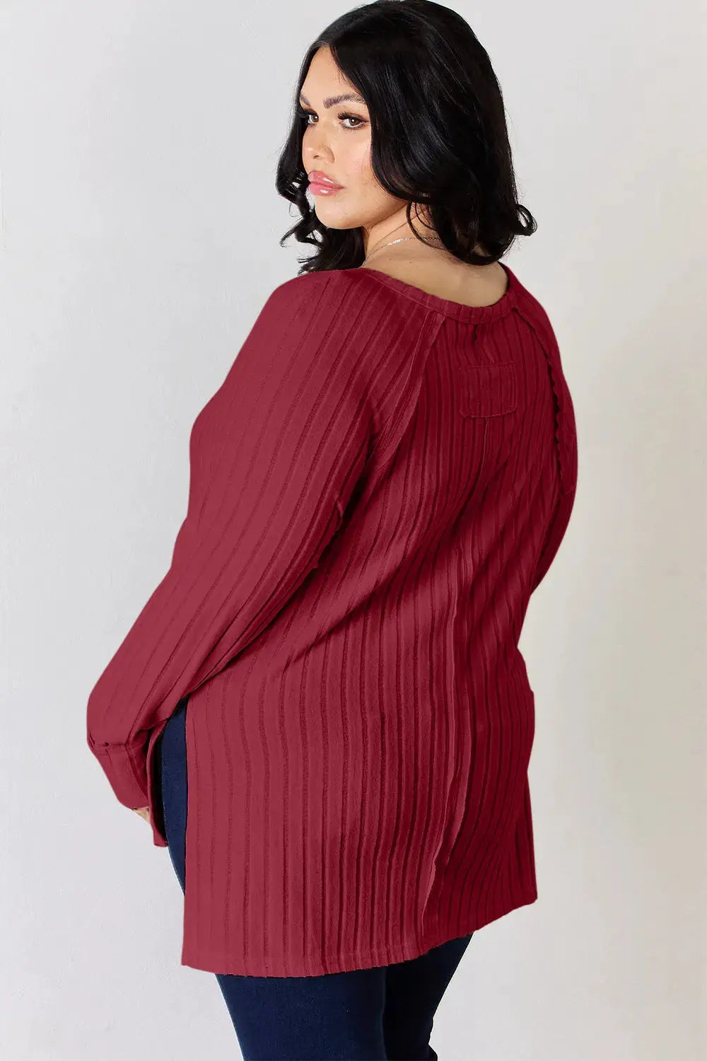 Basic Bae Full Size Ribbed Round Neck Slit T-Shirt by Belle Bijouix, maroon ribbed knit, loose fit, long sleeves