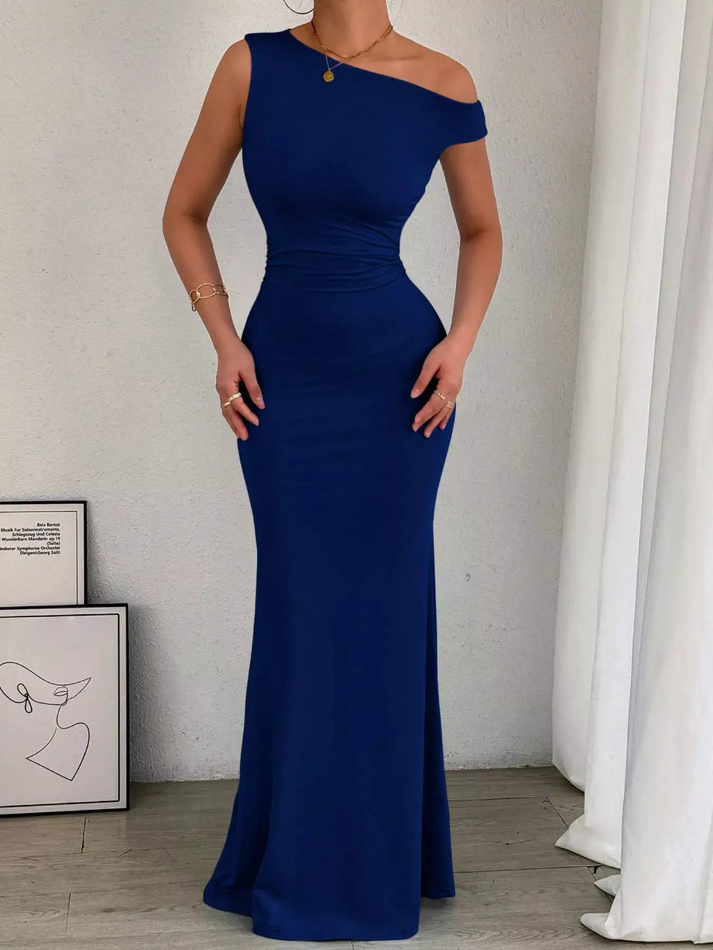 One-Shoulder Ruched Bodycon Maxi Dress in royal blue