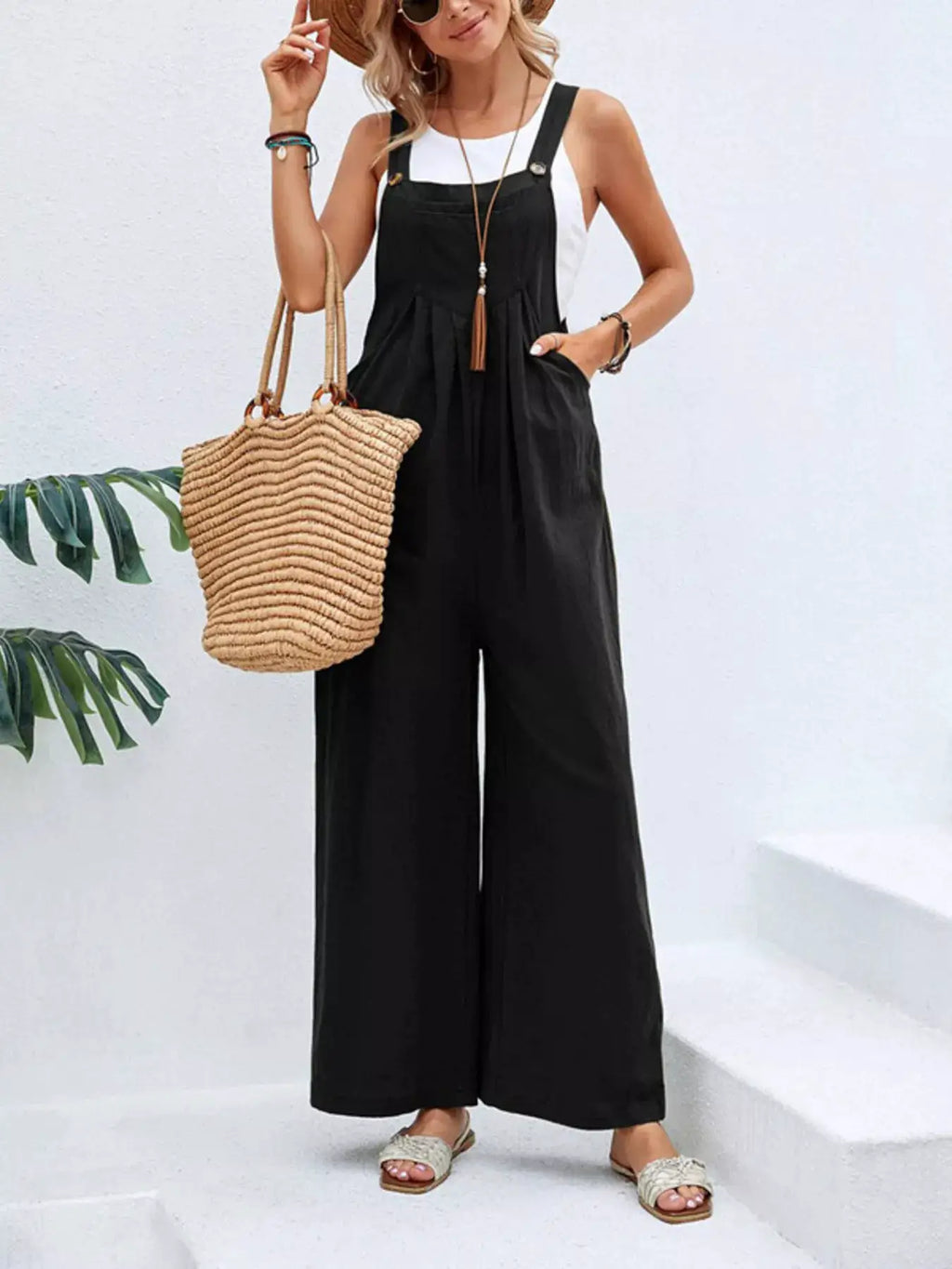 Full Size Casual Wide-Leg Overalls with Pockets in Black