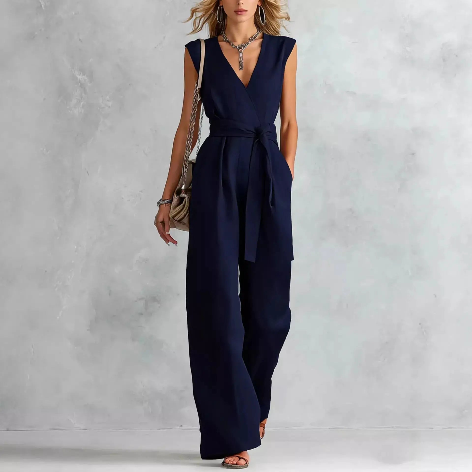 Sleeveless navy wide-leg jumpsuit with belted waist and V-neck.