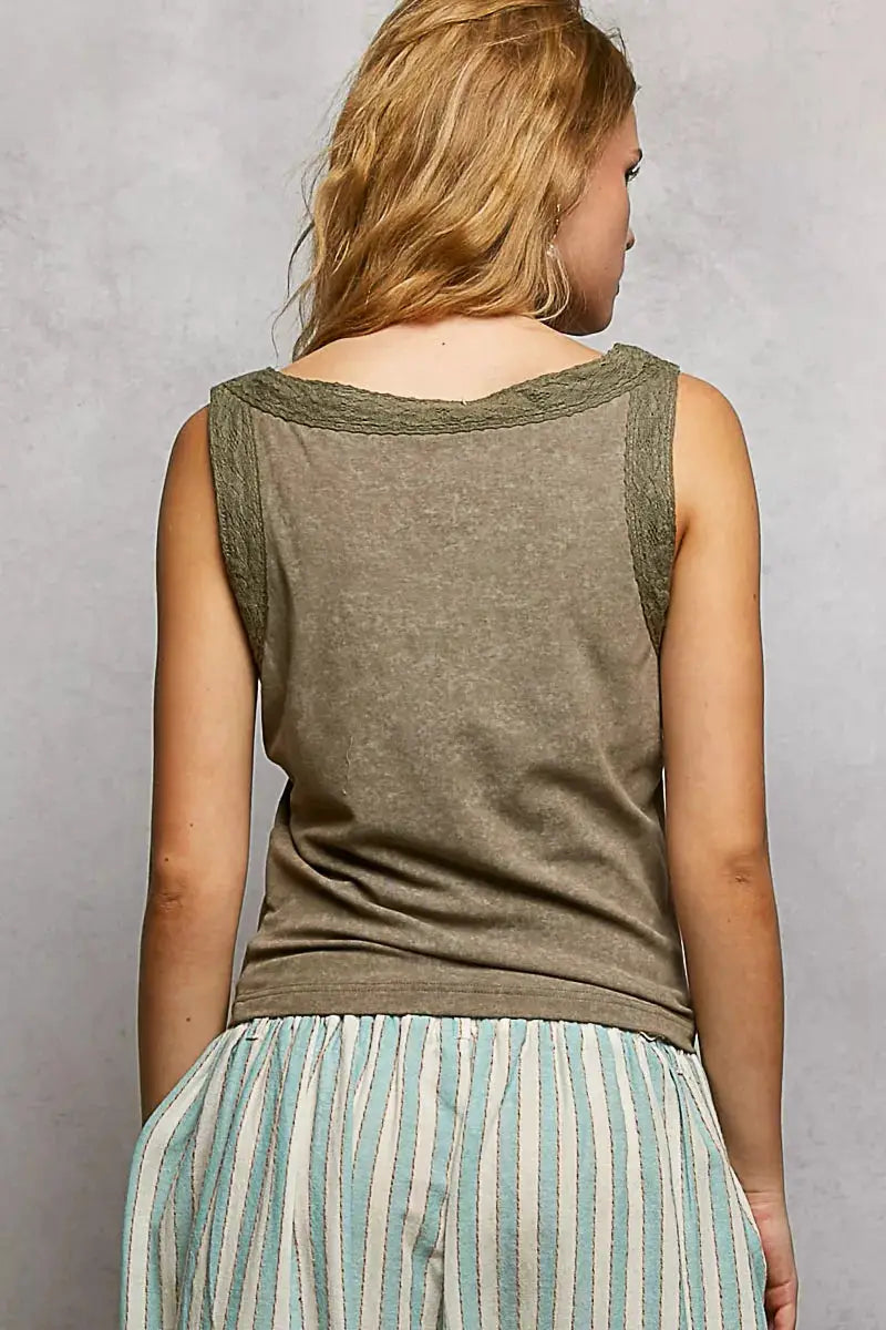 POL Washed Floral Stud Round Neck Slim Tank top, olive sleeveless with lace-trim armholes