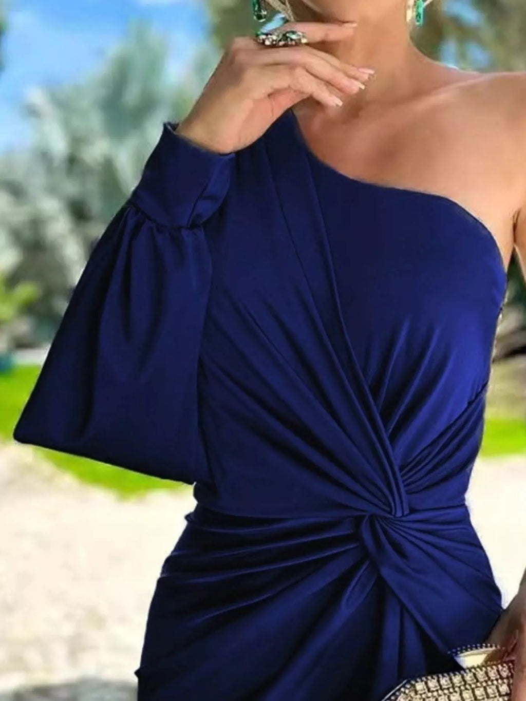 Dress: Trendsi plus-size navy one-shoulder knot-detail maxi with draped waist