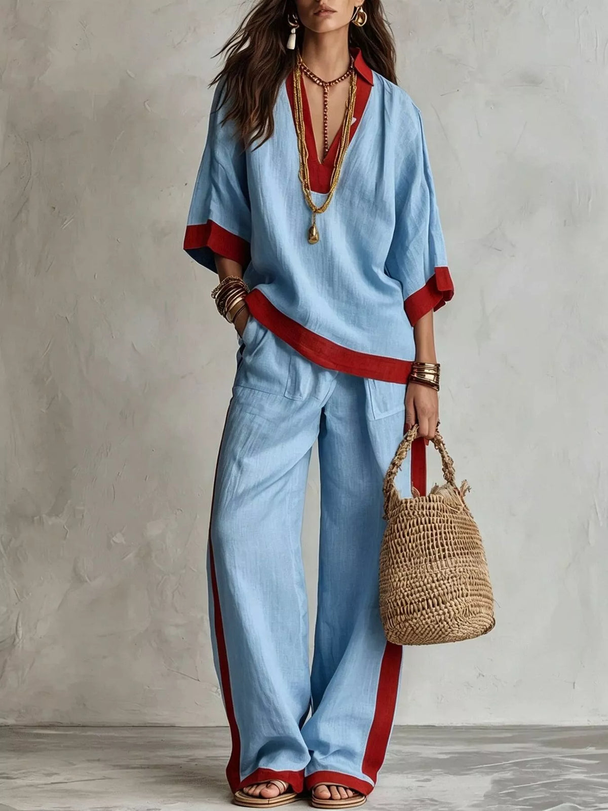 Contrast-Trim Top and Wide-Leg Pants Set