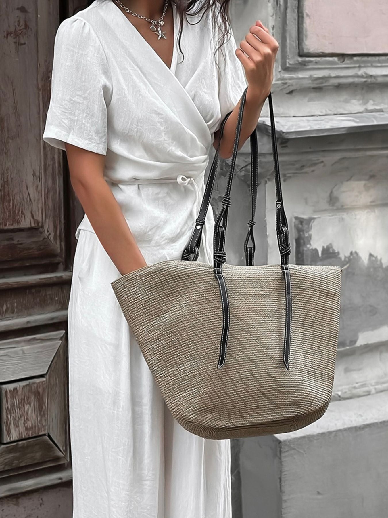 Wrap Top & Wide Leg Pants Set: white wrap top with waist tie, paired with a straw tote bag