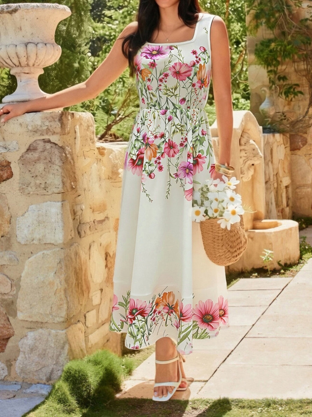 Floral print square-neck dress in pastel with pink and orange blooms, maxi length