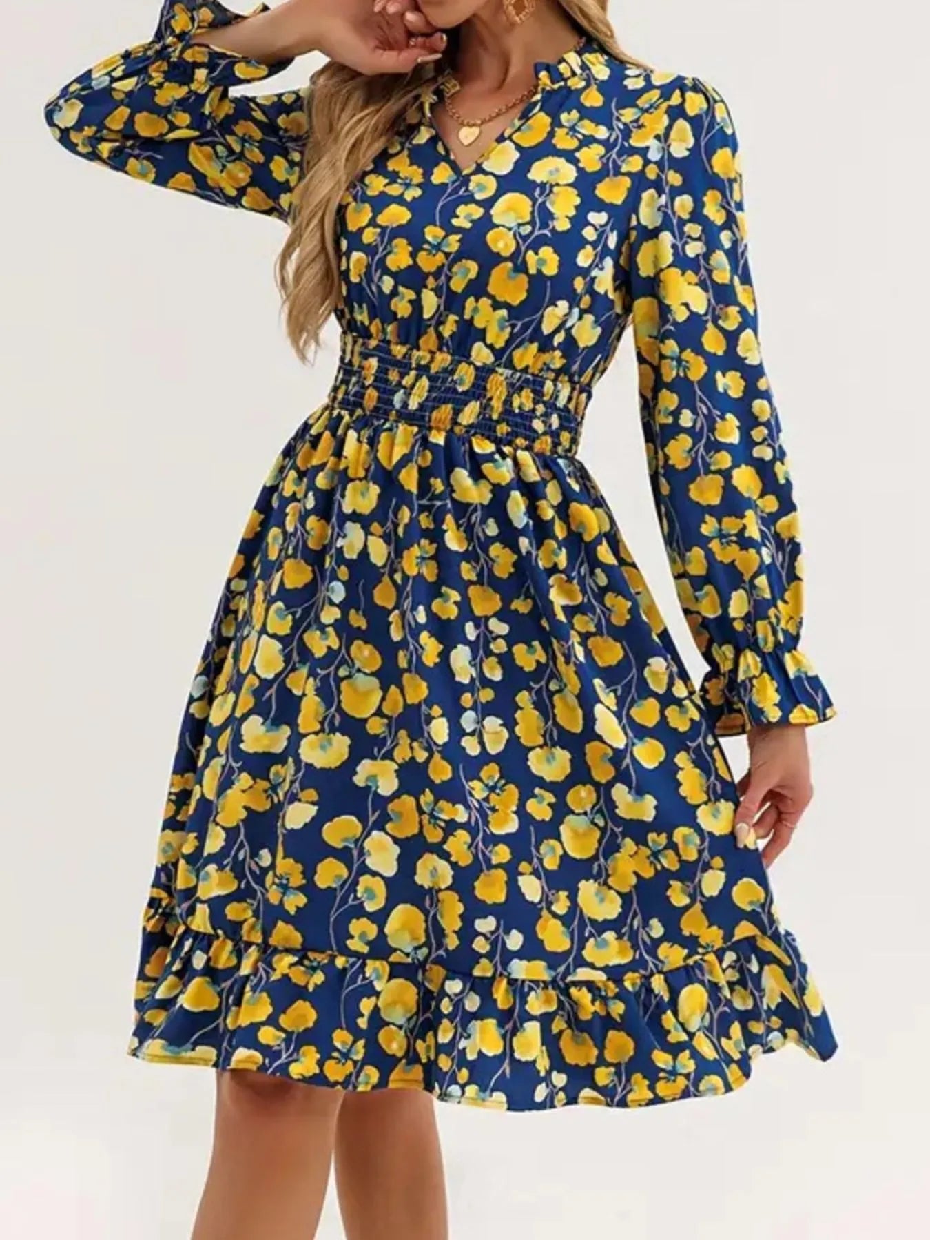 Floral Print Flounce Sleeve Ruffle Hem Dress in blue with yellow flowers; smocked waist