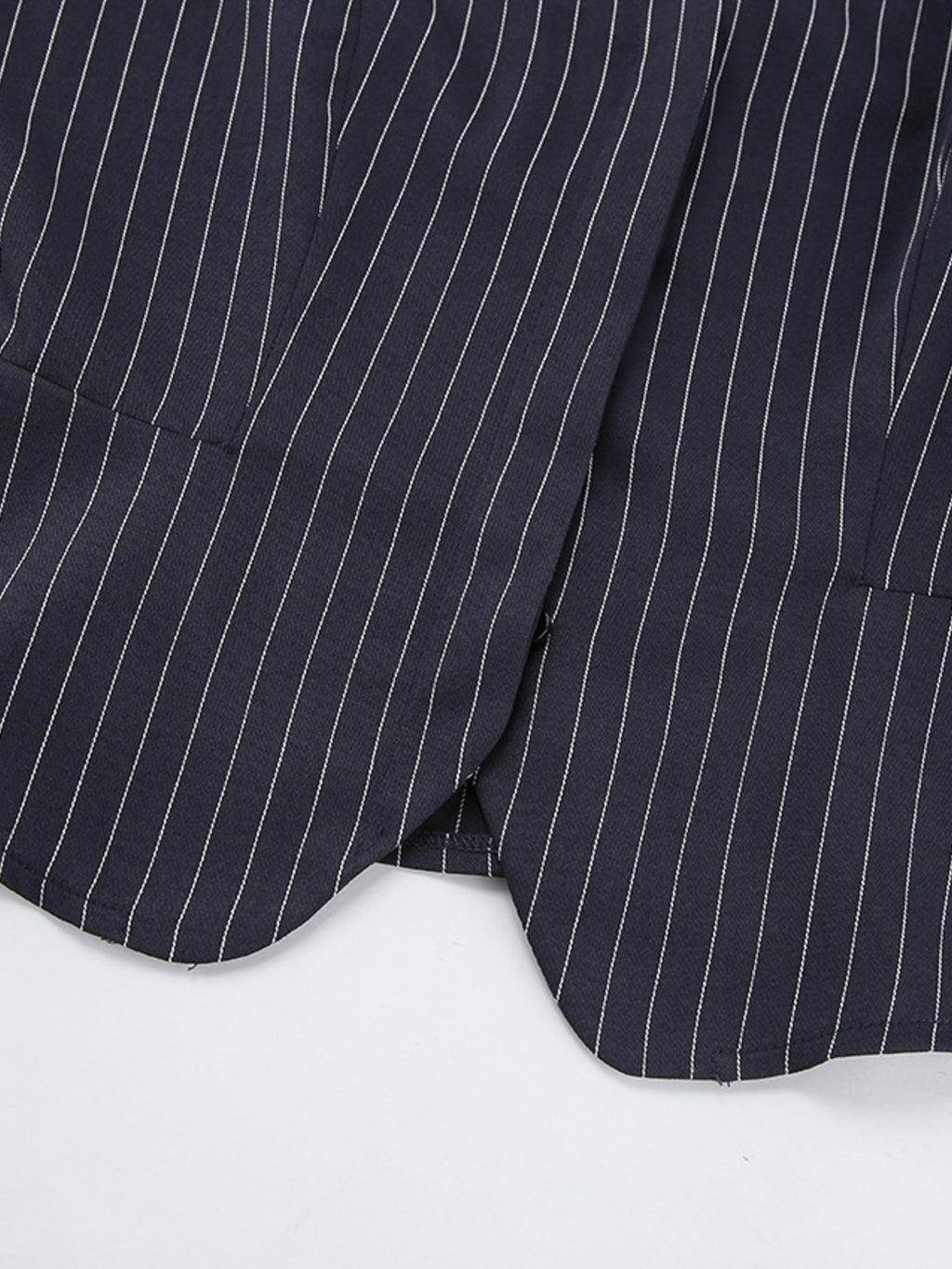 Striped blazer and mini skirt set (2-piece) with neck tie in navy pinstripe fabric by Belle Bijouix
