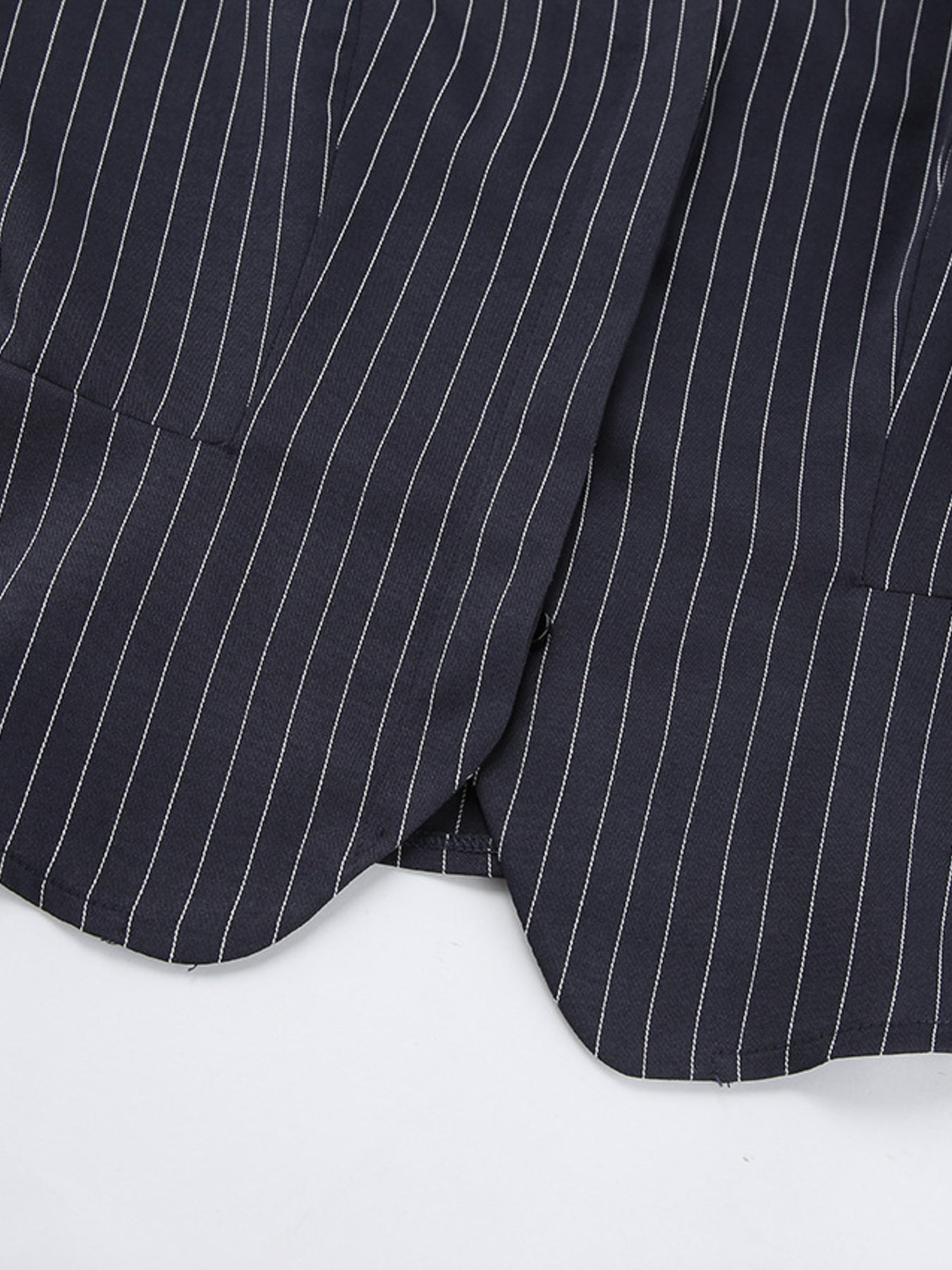 Striped blazer and mini skirt set (2-piece) with neck tie in navy pinstripe fabric by Belle Bijouix