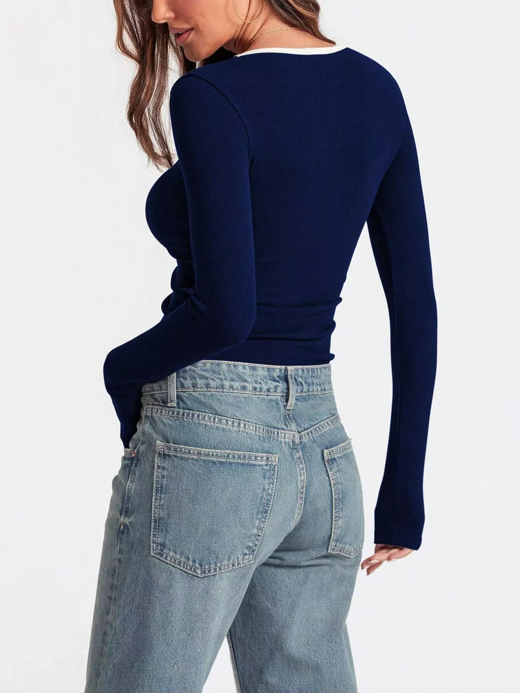 Belle Bijouix scoop neck long sleeve T-shirt in navy blue ribbed knit