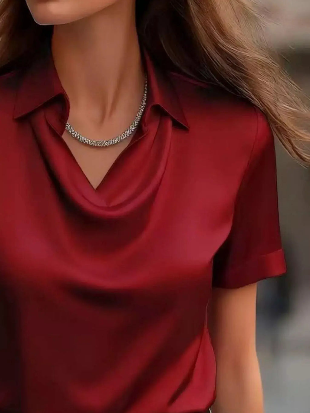 Cowl-neck satin blouse, red, short sleeves, plus size.