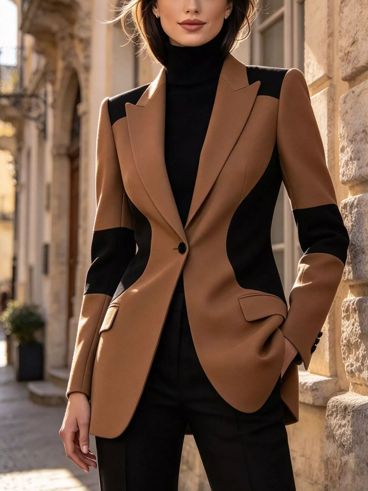 Color-Block One-Button Blazer in Brown by Belle Bijouix – view 1 of 4