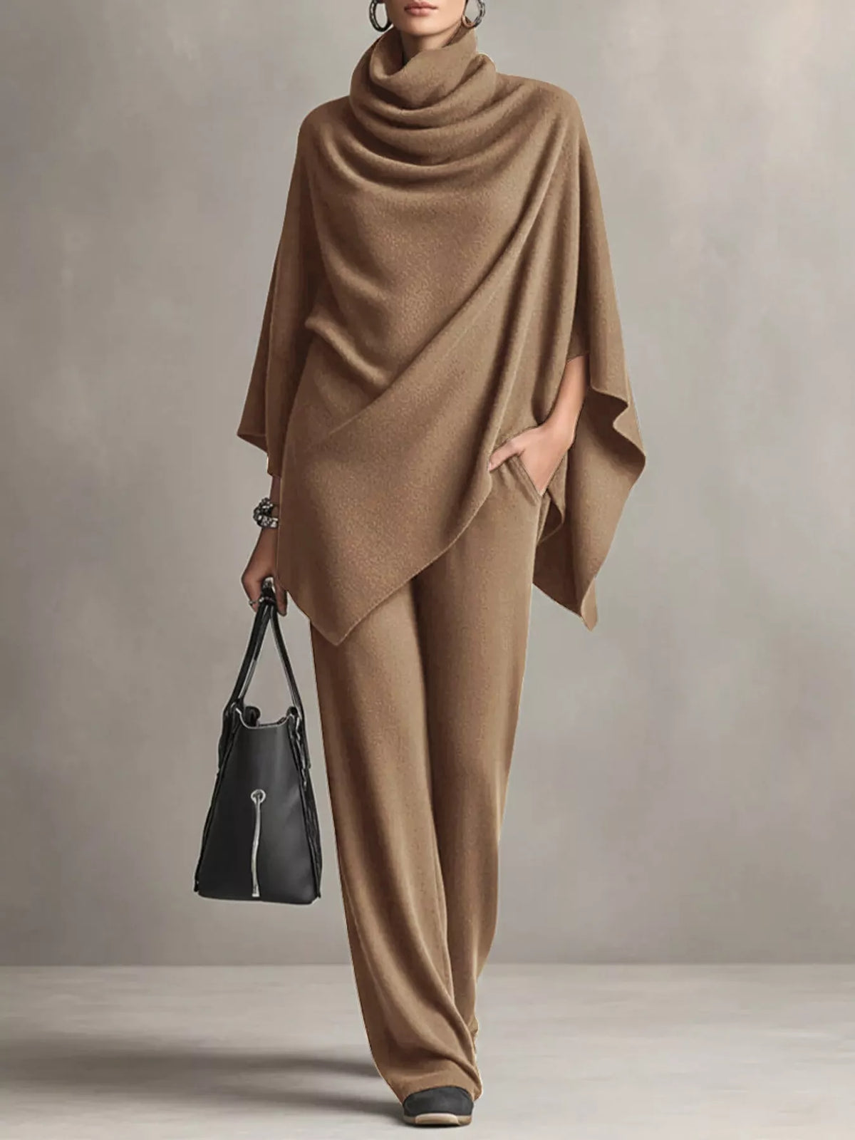 Turtleneck Poncho & Wide-Leg Pants Set in Camel by Belle Bijouix – view 9 of 24