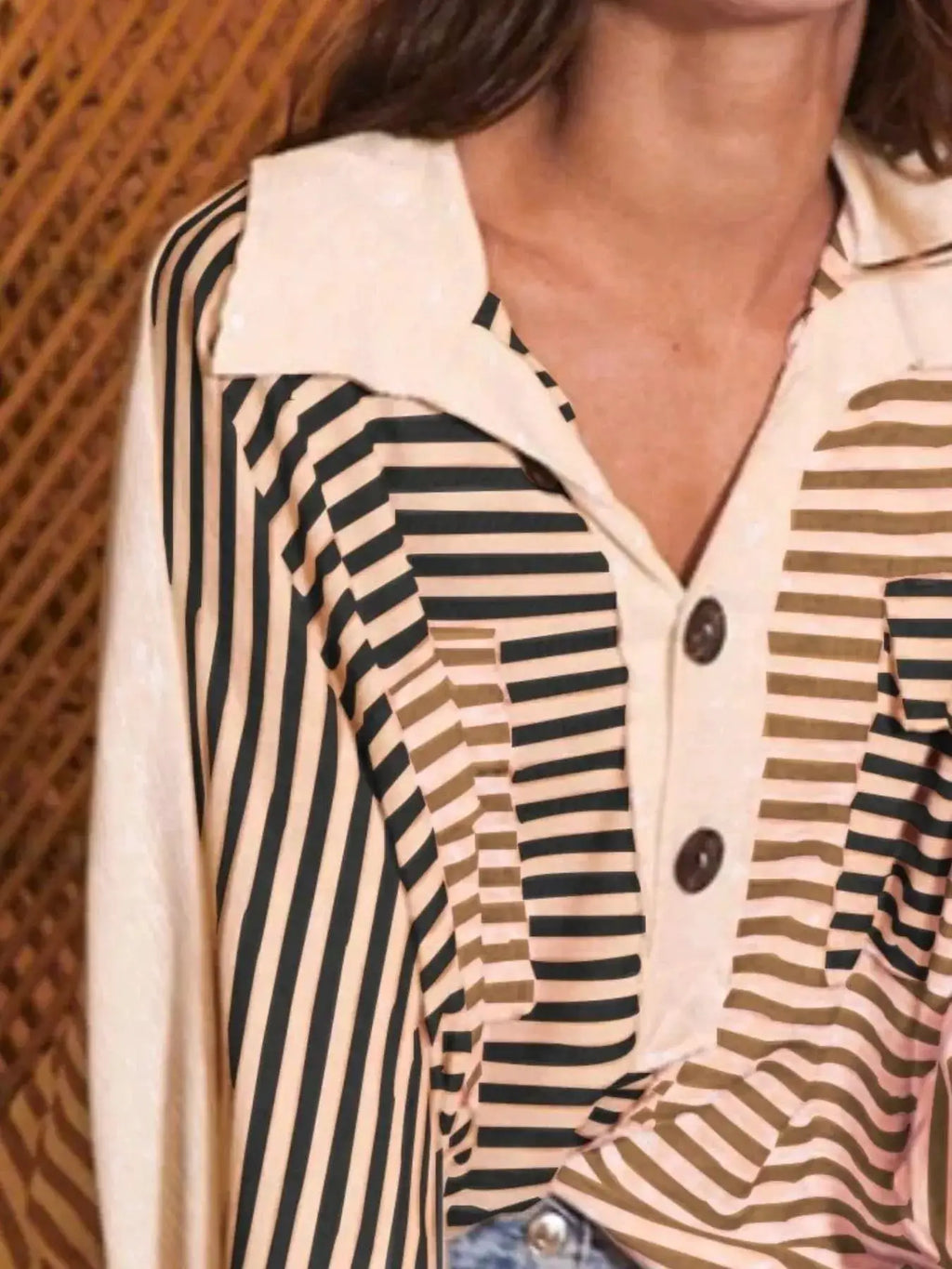 Striped oversized half-button sweatshirt top with buttoned placket in beige and black