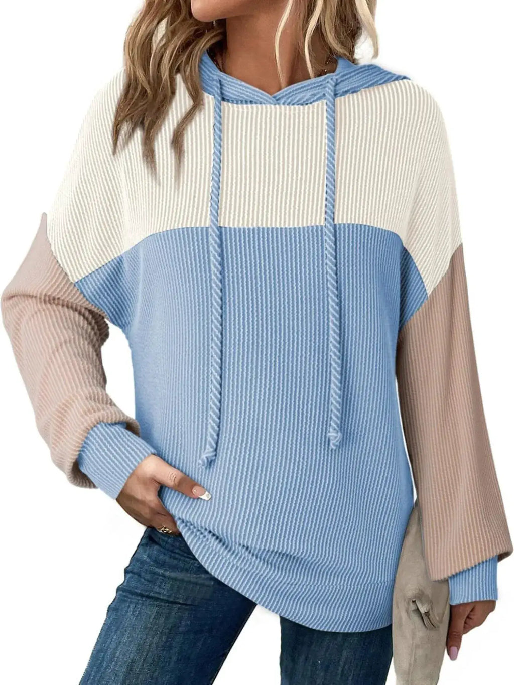 Belle Bijouix Drawstring color-block long sleeve hoodie; pastel knit with white yoke, light blue body, beige sleeves