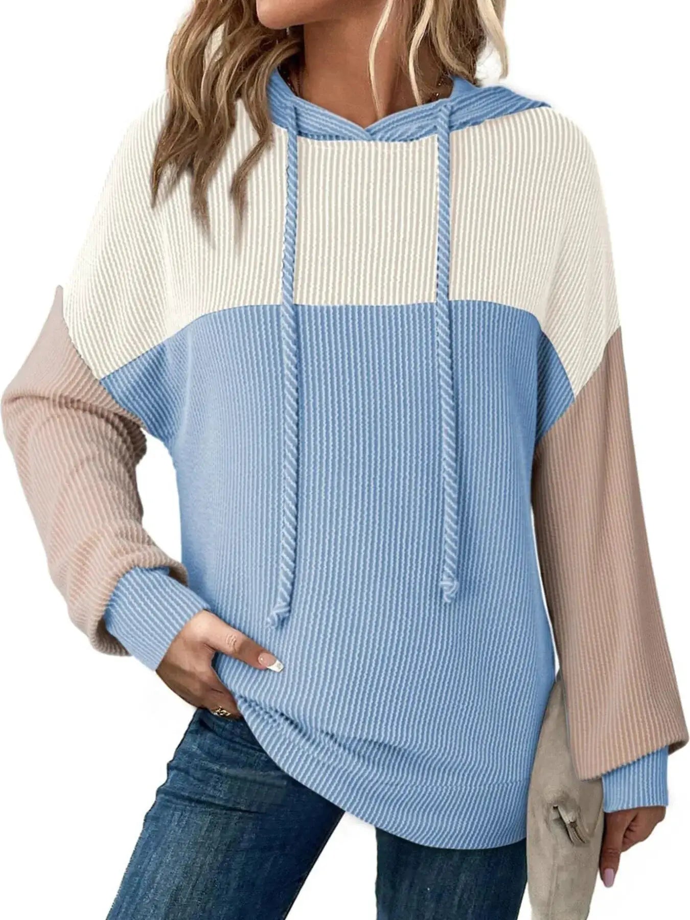 Belle Bijouix Drawstring color-block long sleeve hoodie; pastel knit with white yoke, light blue body, beige sleeves
