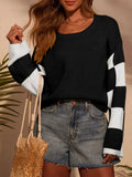Color Block Long Sleeve Sweater; black body with white color-block sleeves, basic casual style.