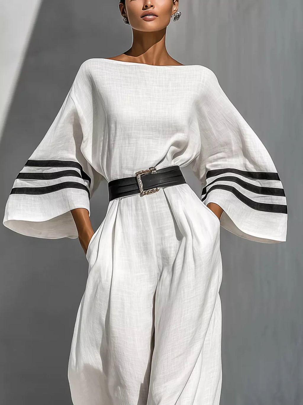 Striped Wide-Sleeve Belted Jumpsuit in White by Belle Bijouix – view 3 of 6
