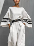 Striped Wide-Sleeve Belted Jumpsuit in White by Belle Bijouix – view 3 of 6