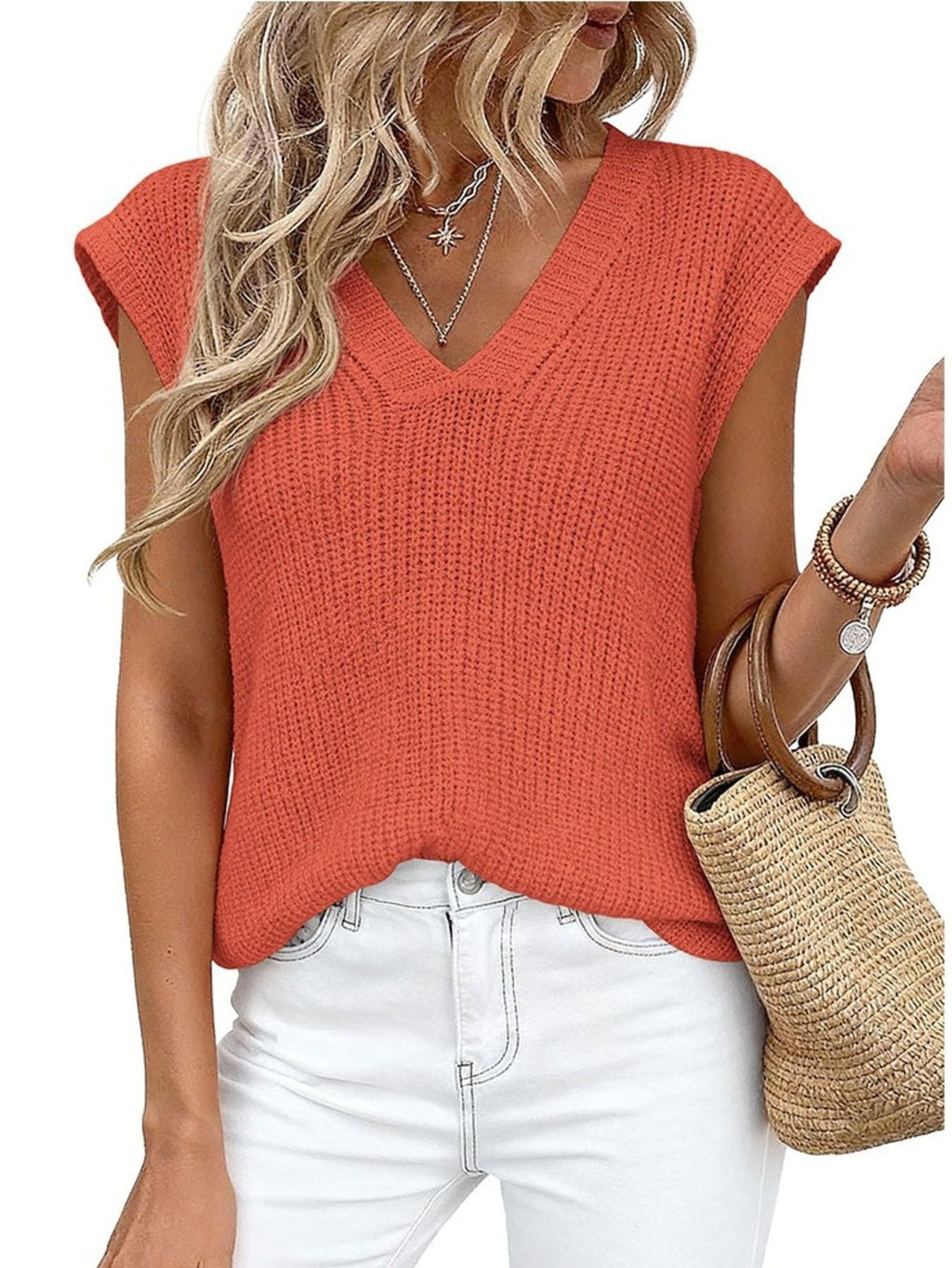 V-Neck Sweater Vest coral knit by Trendsi; sleeveless top.