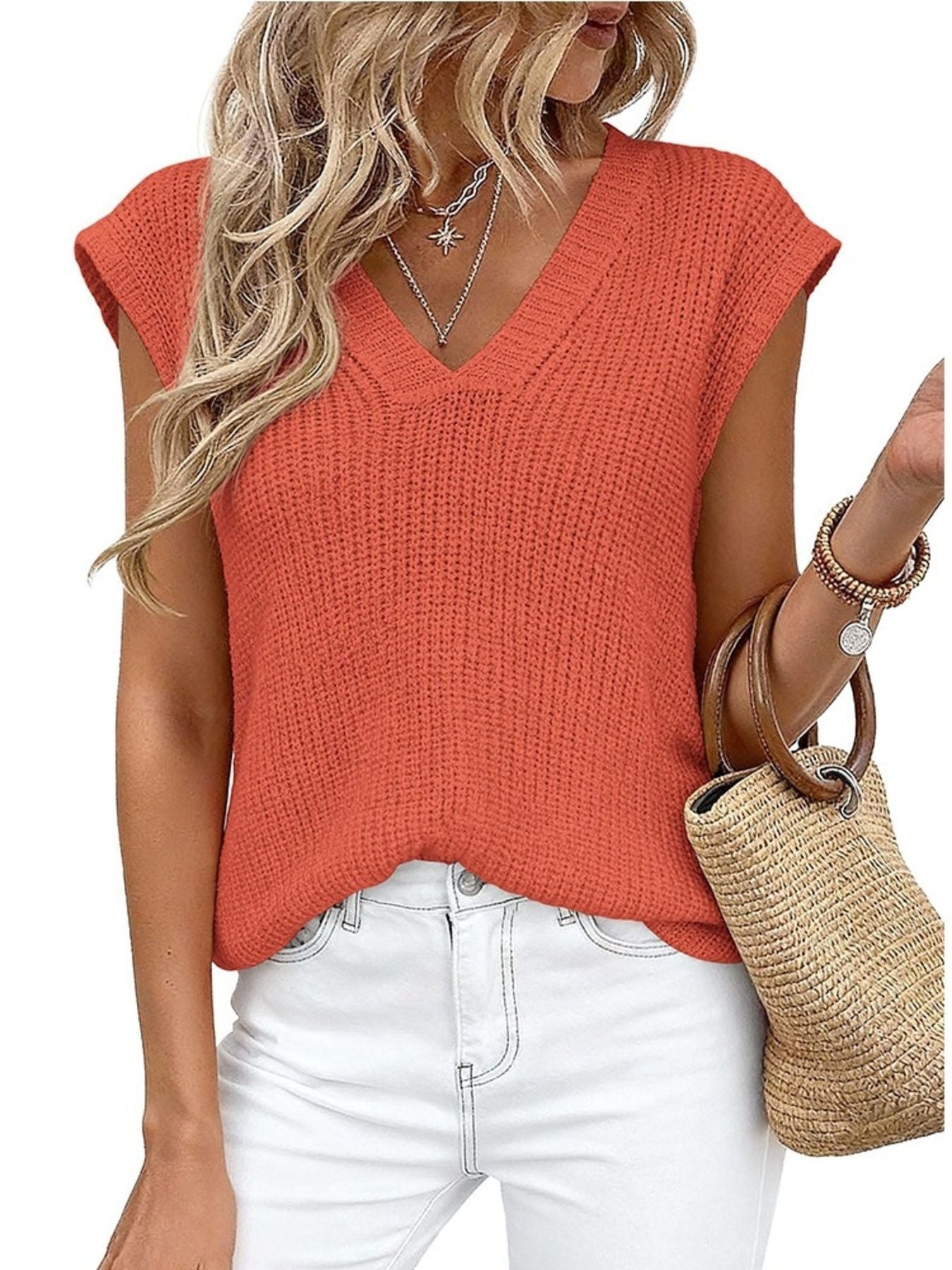 V-Neck Sweater Vest coral knit by Trendsi; sleeveless top.