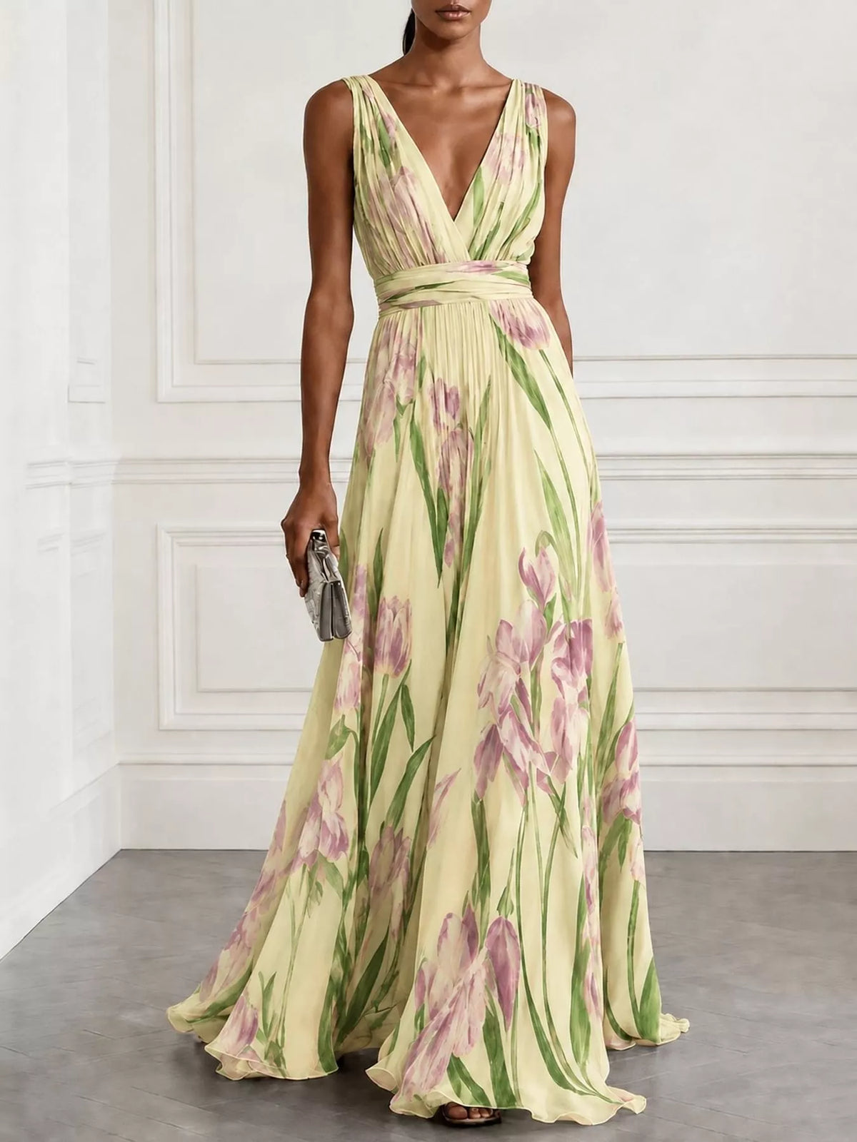 Sleeveless V-Neck Floral Maxi Dress in Light Yellow by Belle Bijouix – view 35 of 37
