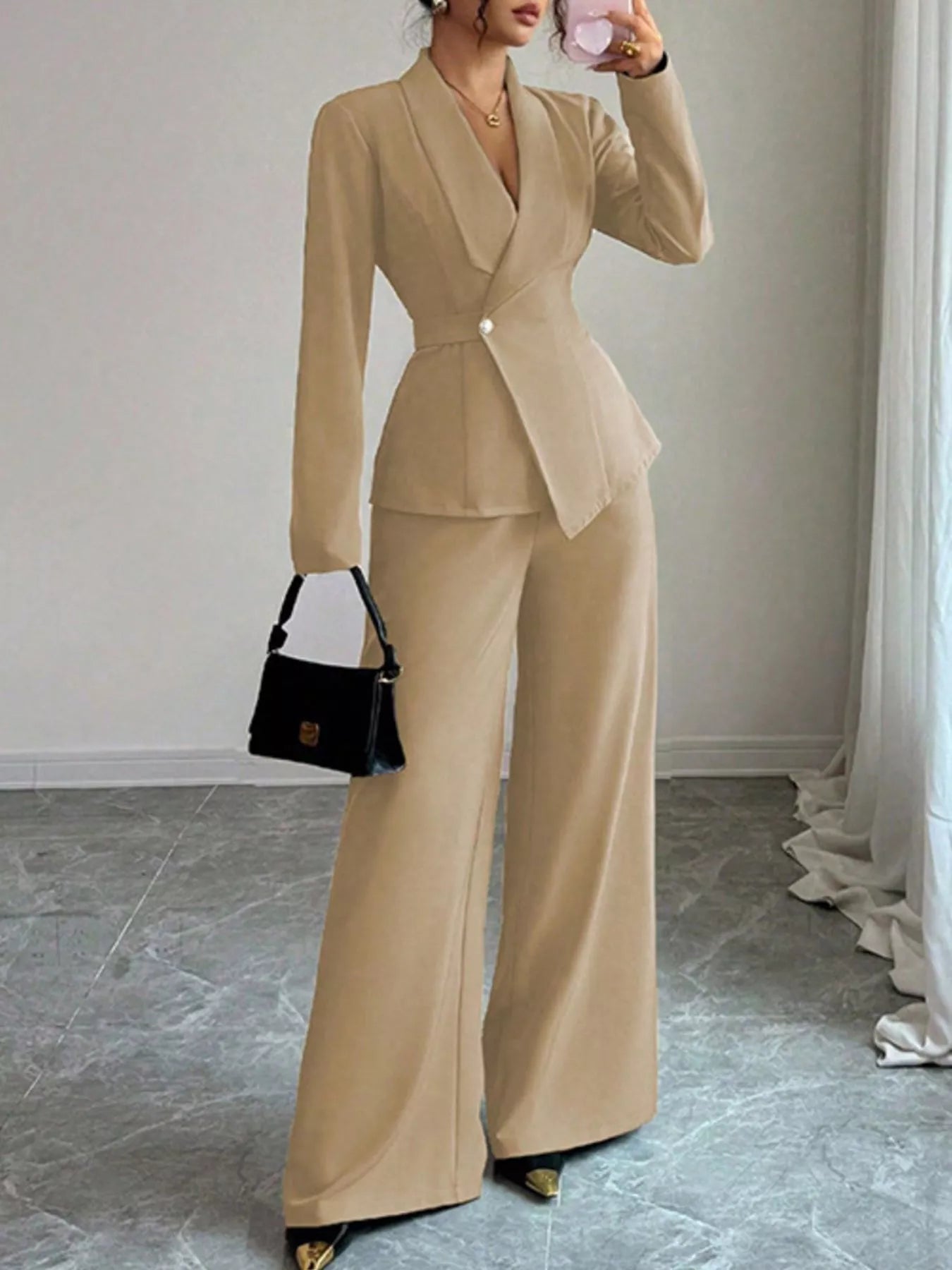 One Button Blazer and Pants Set in beige by Belle Bijouix with pockets