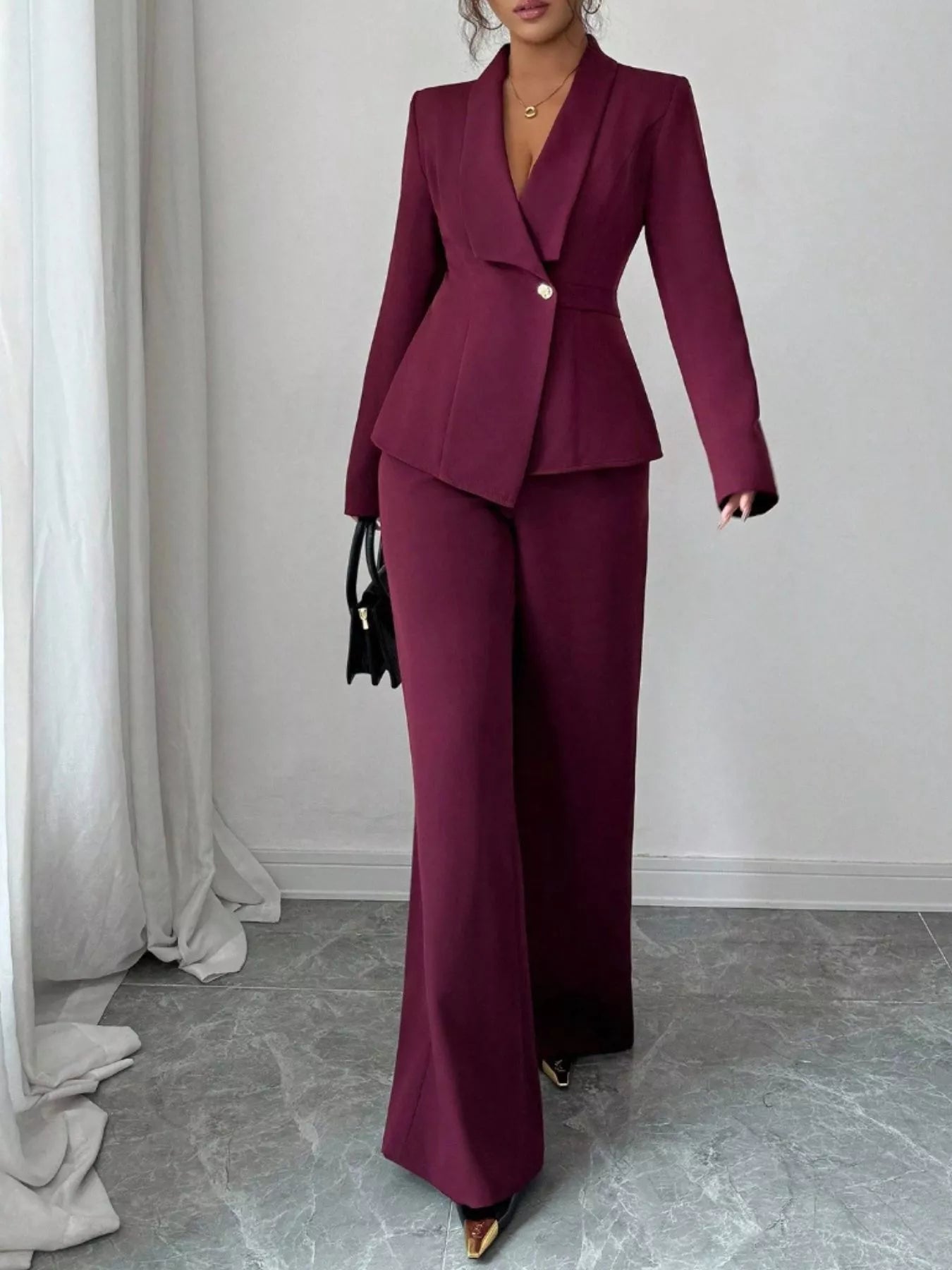 One Button Blazer and Pants Set in burgundy; two-piece pant suit with a single-button blazer and pockets