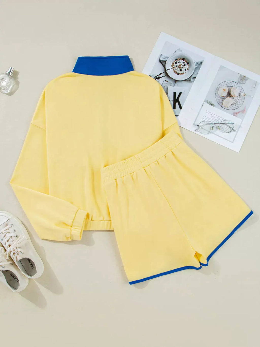 Color Block Patchwork Half Button Top and Shorts 2pcs Set, yellow top with blue collar and blue-trim shorts