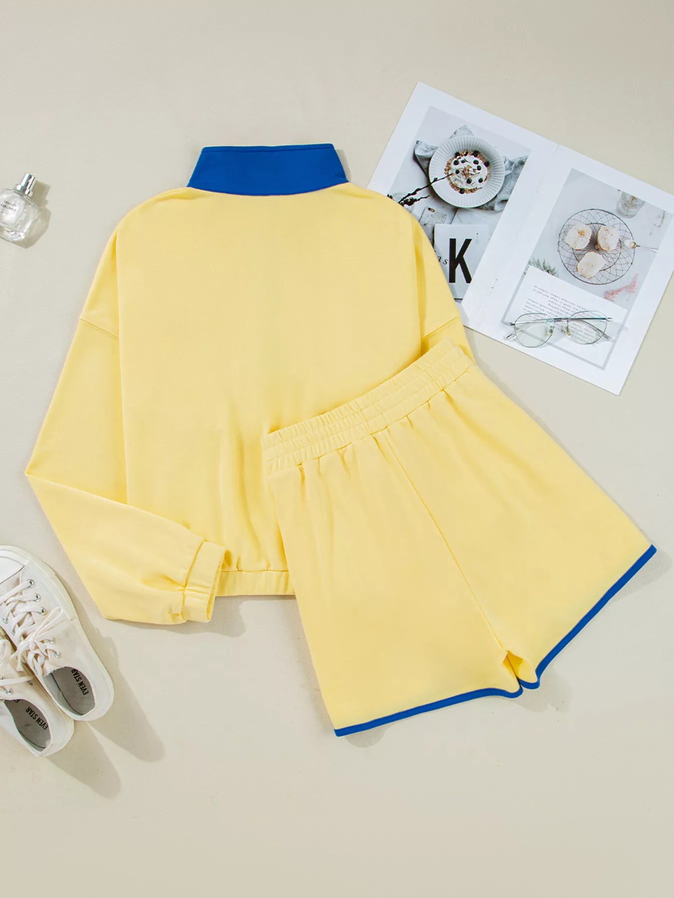Color Block Patchwork Half Button Top and Shorts 2pcs Set, yellow top with blue collar and blue-trim shorts