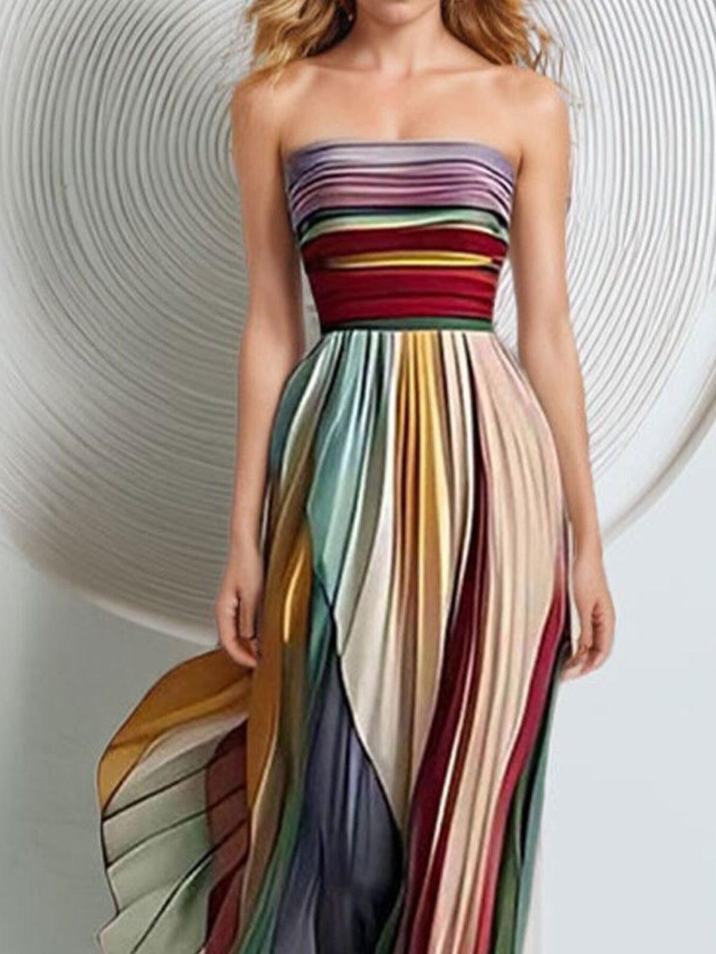 Striped pleated strapless multicolor maxi dress by Bellebijouix for wedding and bridal party