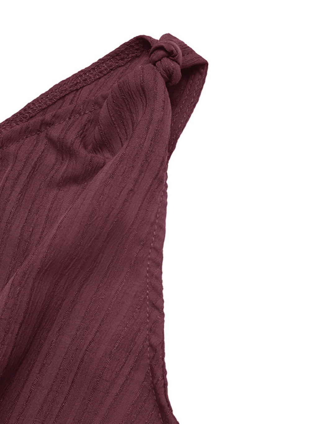 One-Shoulder Tie Waist Romper in burgundy textured fabric