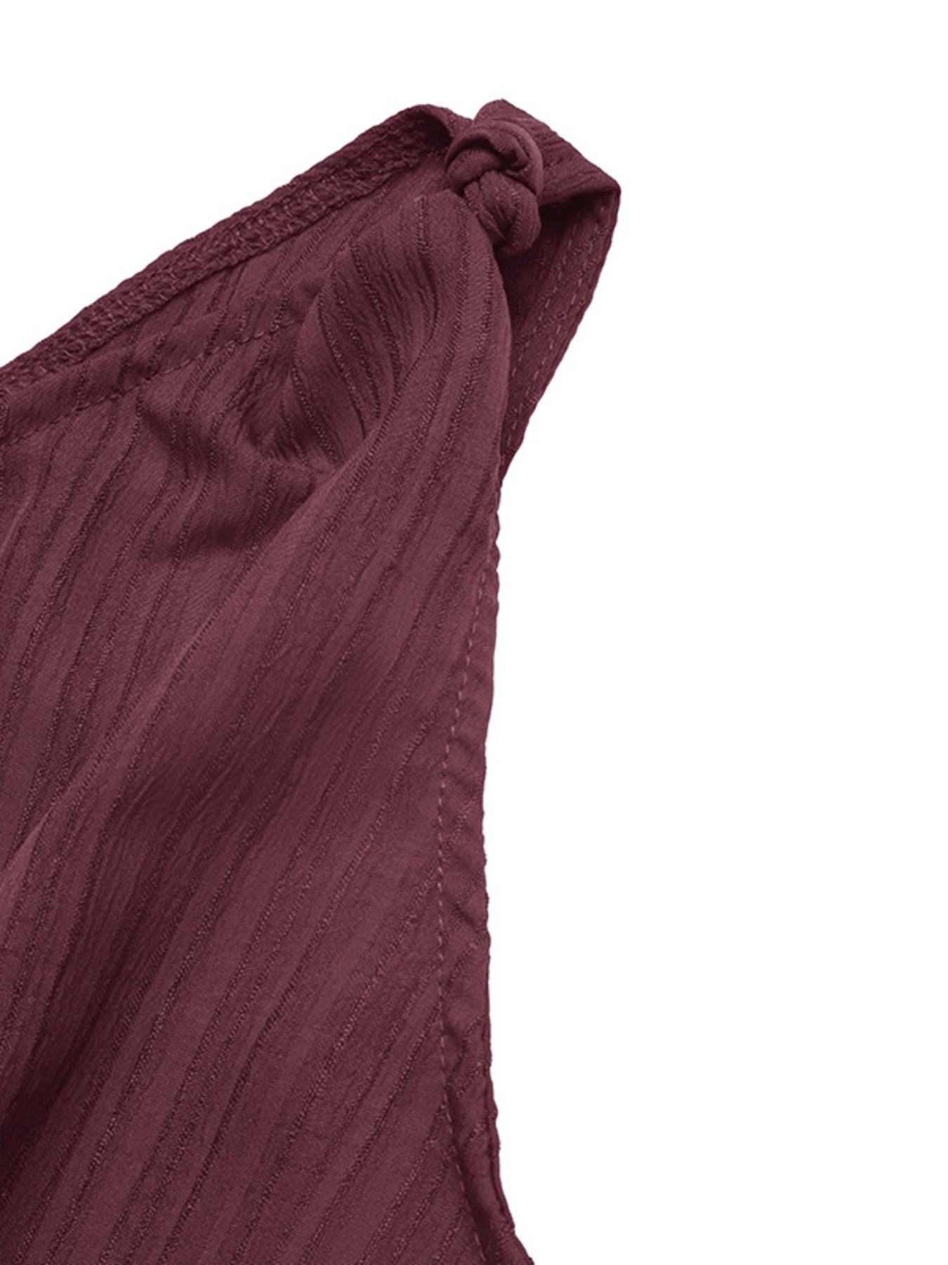 One-Shoulder Tie Waist Romper in burgundy textured fabric