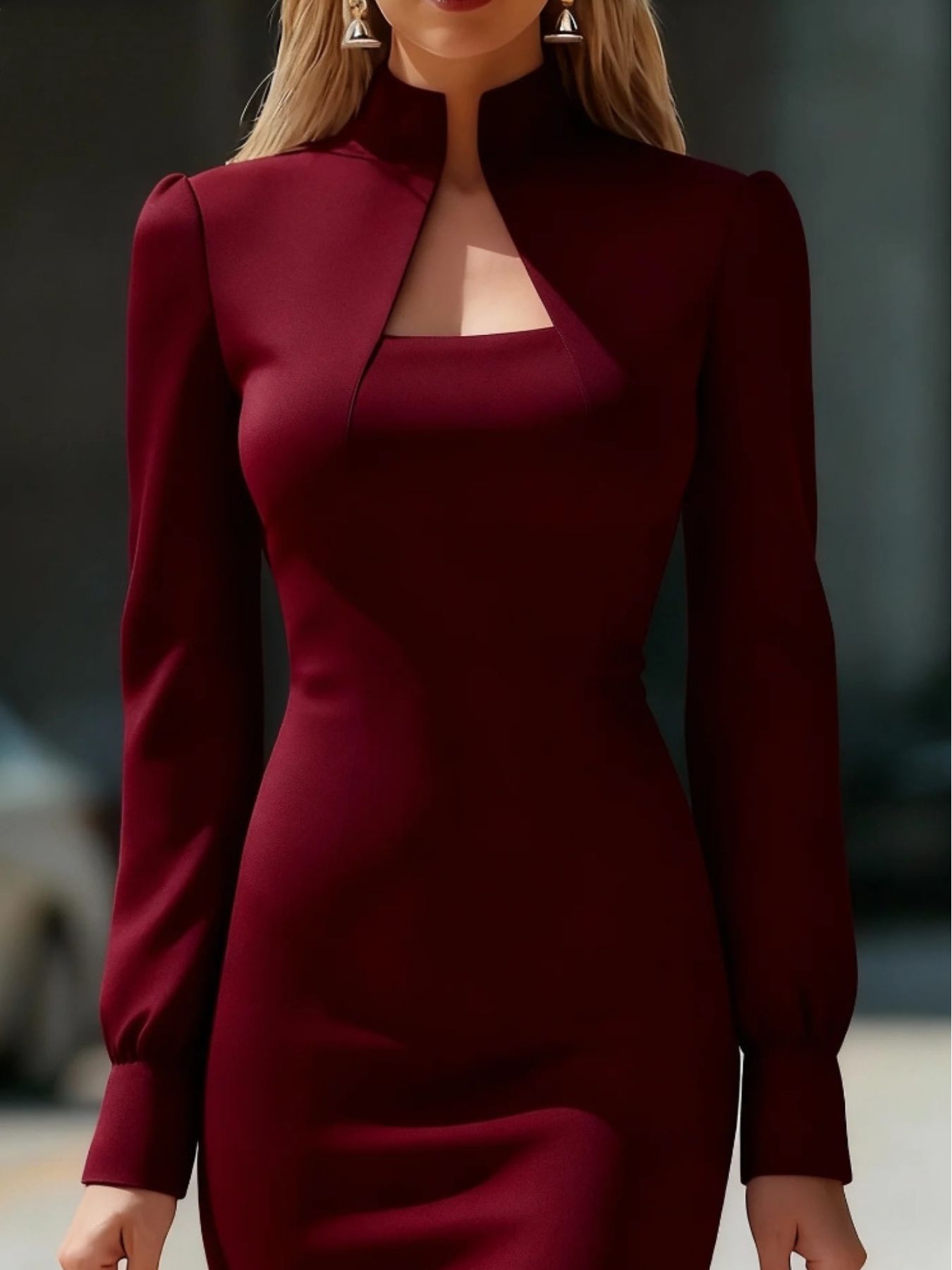 Slit high neck long sleeve dress in burgundy by Trendsi